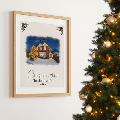 Custom Christmas Home/House Watercolour Scene Personalised Welcome Artwork. Framed or Unframed Print Various Sizes