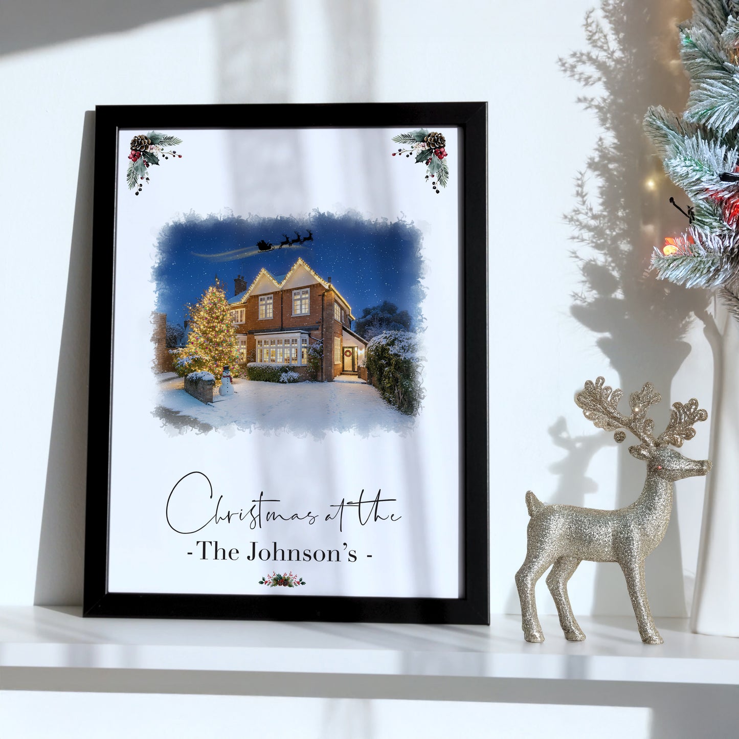 Custom Christmas Home/House Watercolour Scene Personalised Welcome Artwork. Framed or Unframed Print Various Sizes