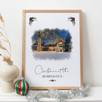 Custom Christmas Home/House Watercolour Scene Personalised Welcome Artwork. Framed or Unframed Print Various Sizes