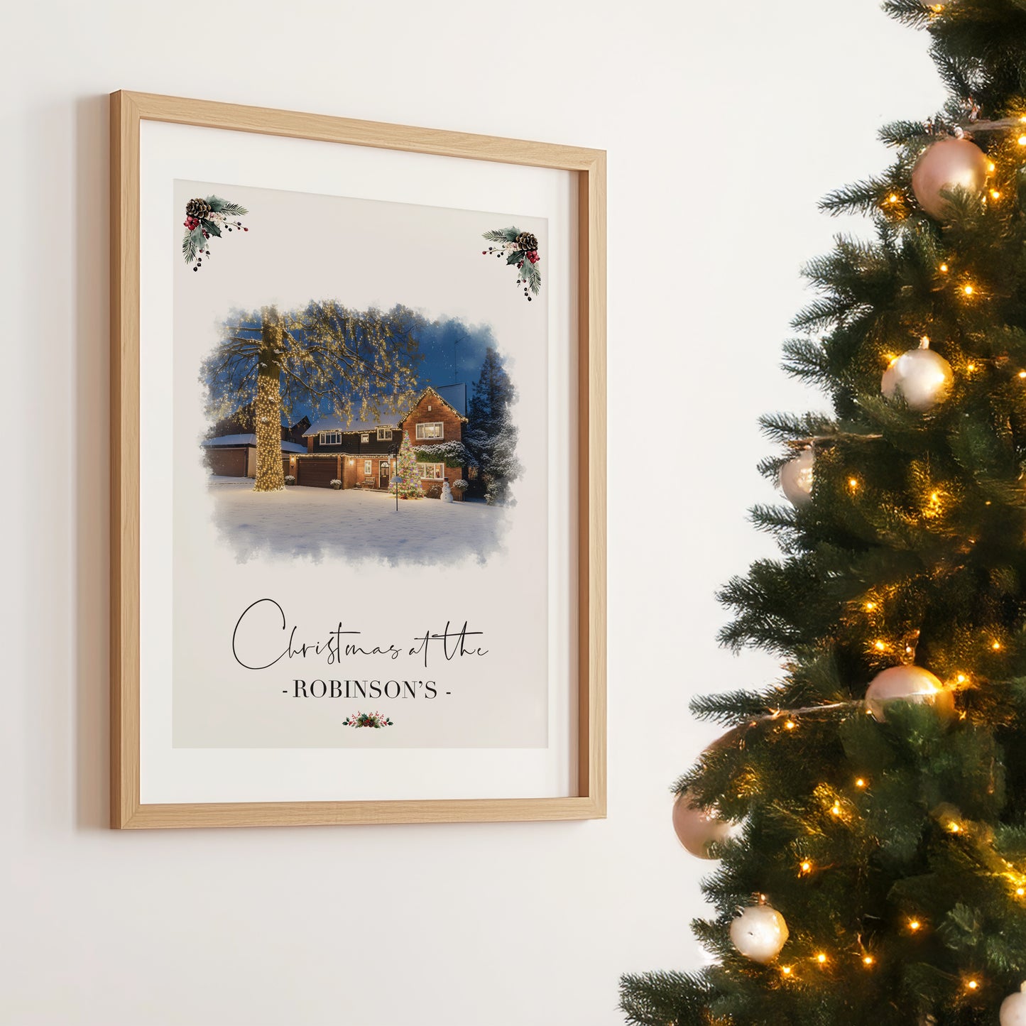 Custom Christmas Home/House Watercolour Scene Personalised Welcome Artwork. Framed or Unframed Print Various Sizes