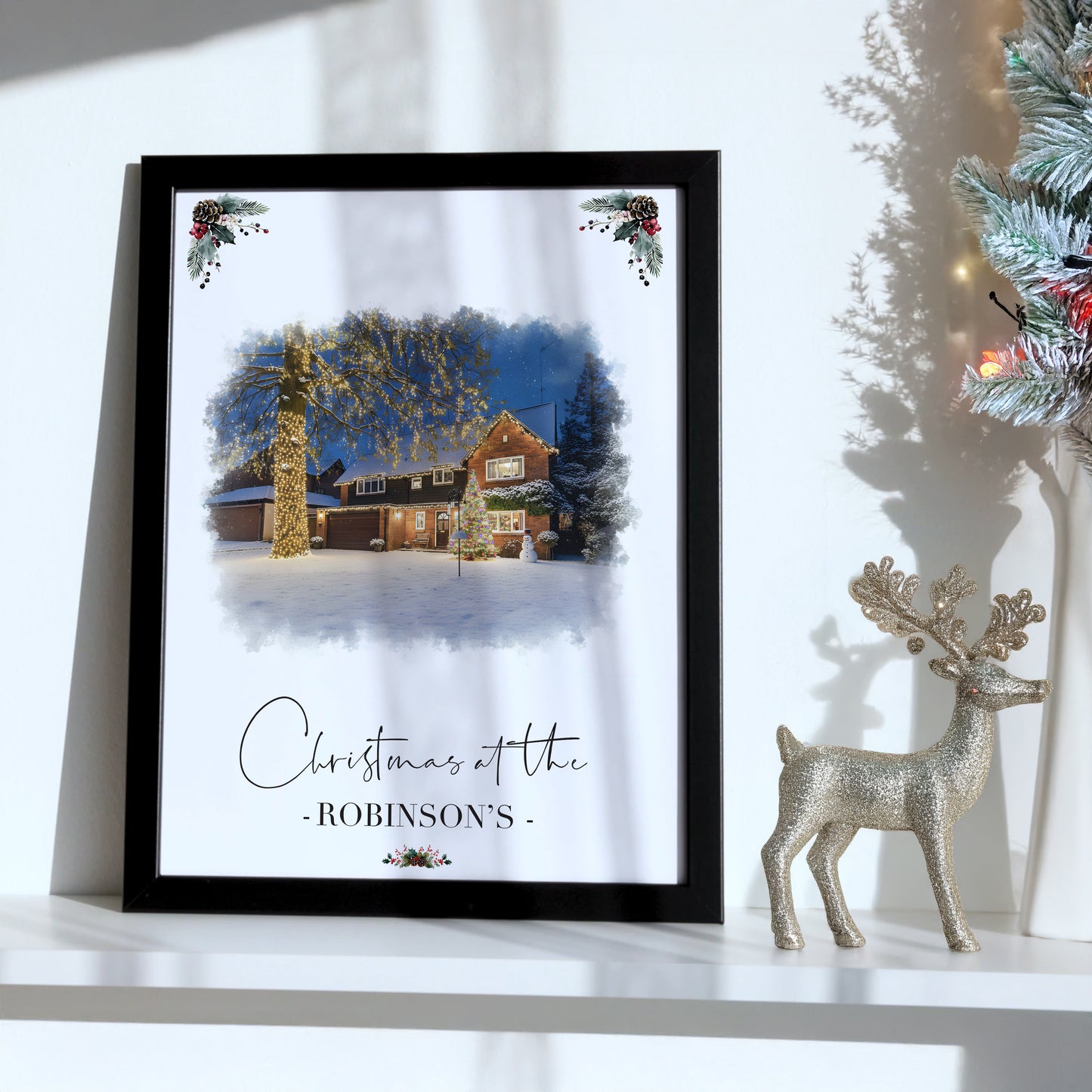 Custom Christmas Home/House Watercolour Scene Personalised Welcome Artwork. Framed or Unframed Print Various Sizes