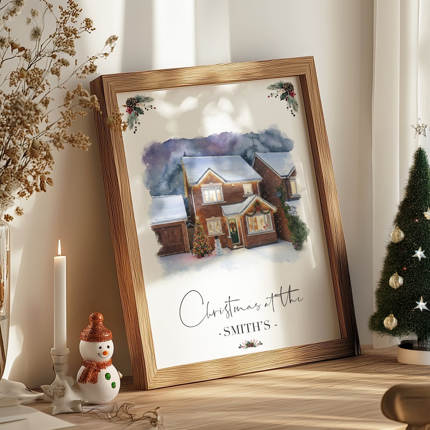 Custom Christmas Home/House Watercolour Scene Personalised Welcome Artwork. Framed or Unframed Print Various Sizes