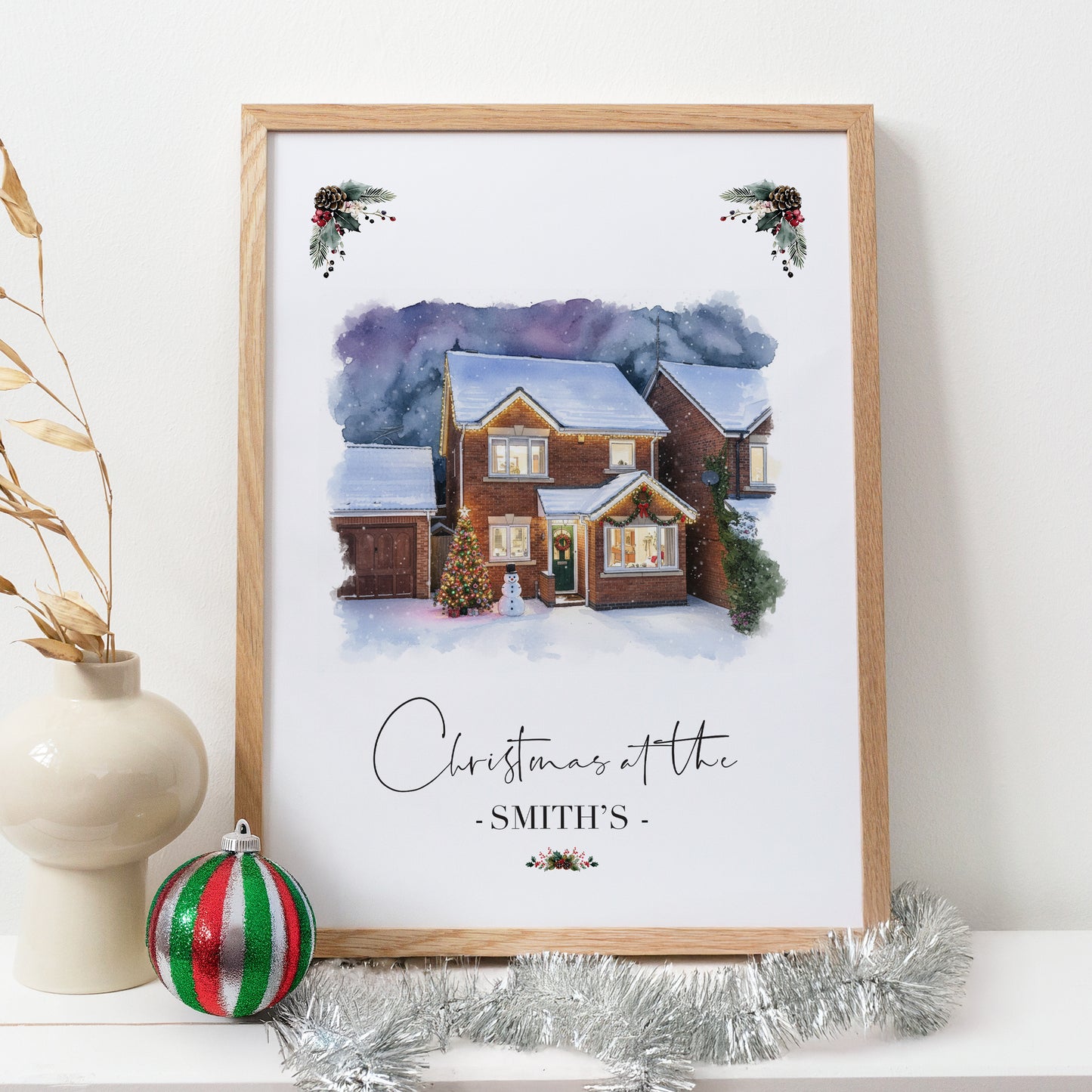 Custom Christmas Home/House Watercolour Scene Personalised Welcome Artwork. Framed or Unframed Print Various Sizes