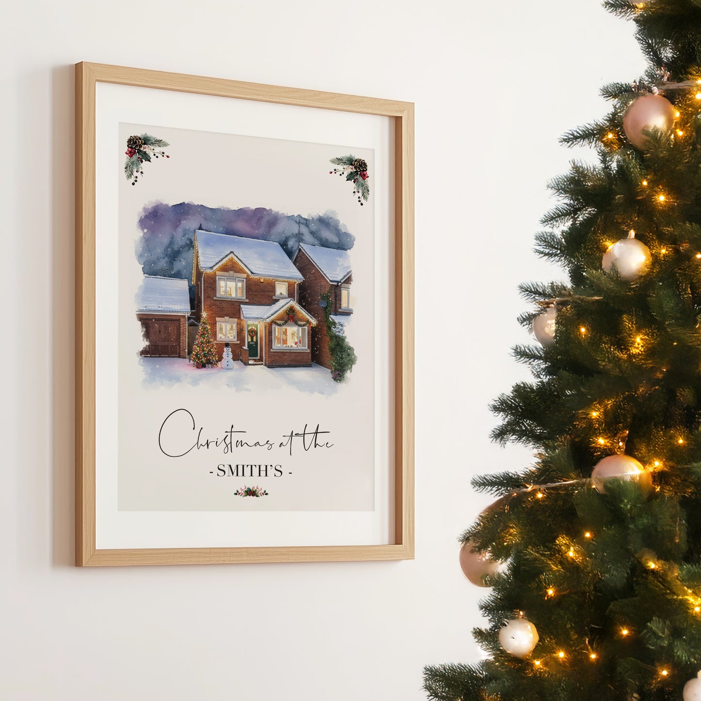 Custom Christmas Home/House Watercolour Scene Personalised Welcome Artwork. Framed or Unframed Print Various Sizes