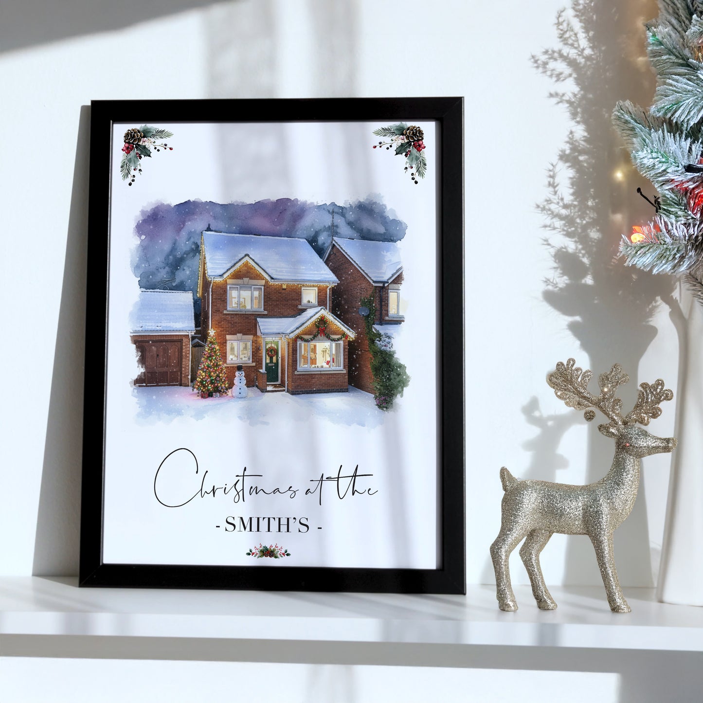 Custom Christmas Home/House Watercolour Scene Personalised Welcome Artwork. Framed or Unframed Print Various Sizes
