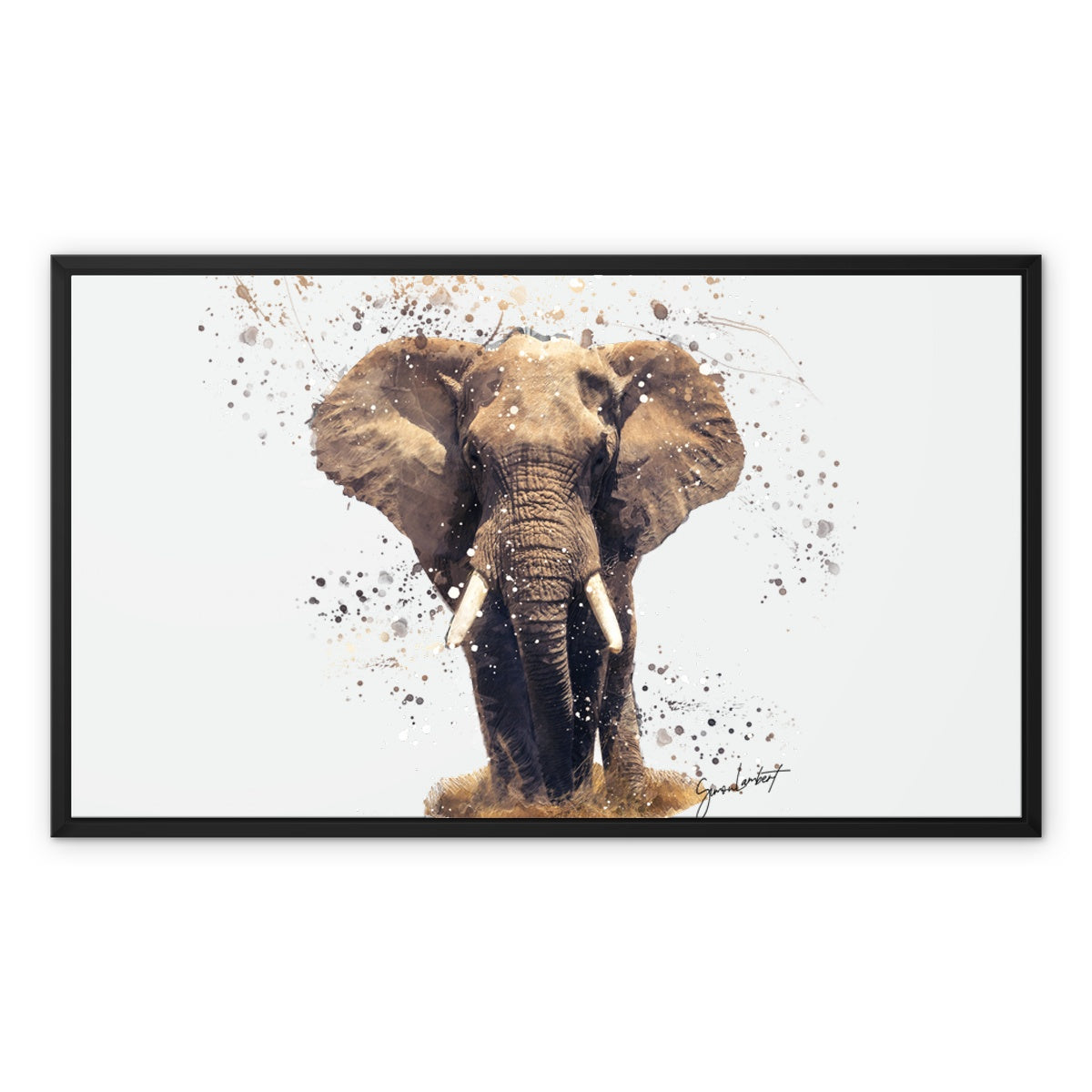 African Elephant Splatter Brush Artwork Framed Canvas