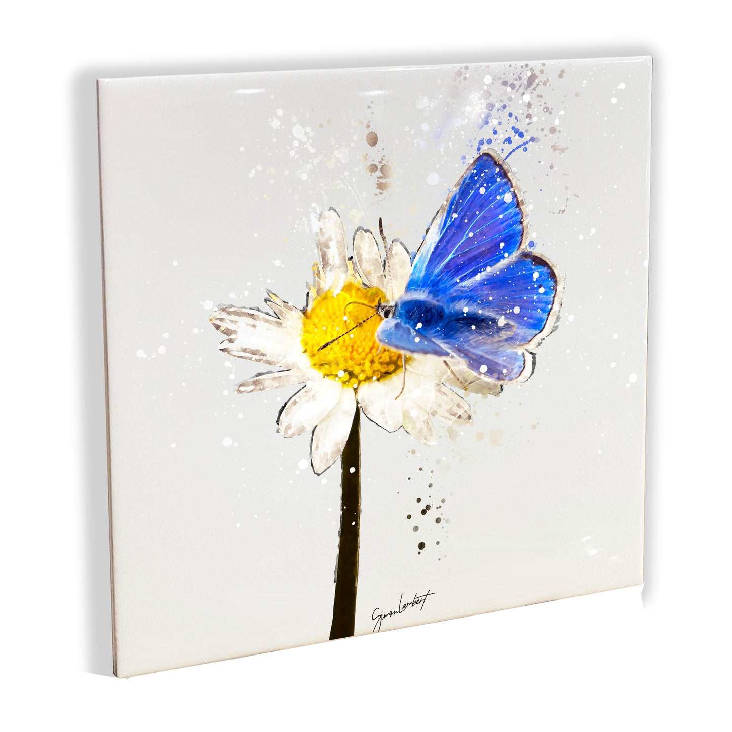 Blue Butterfly Portrait Brush Splatter Style Artwork - Framed CERAMIC TILE Art