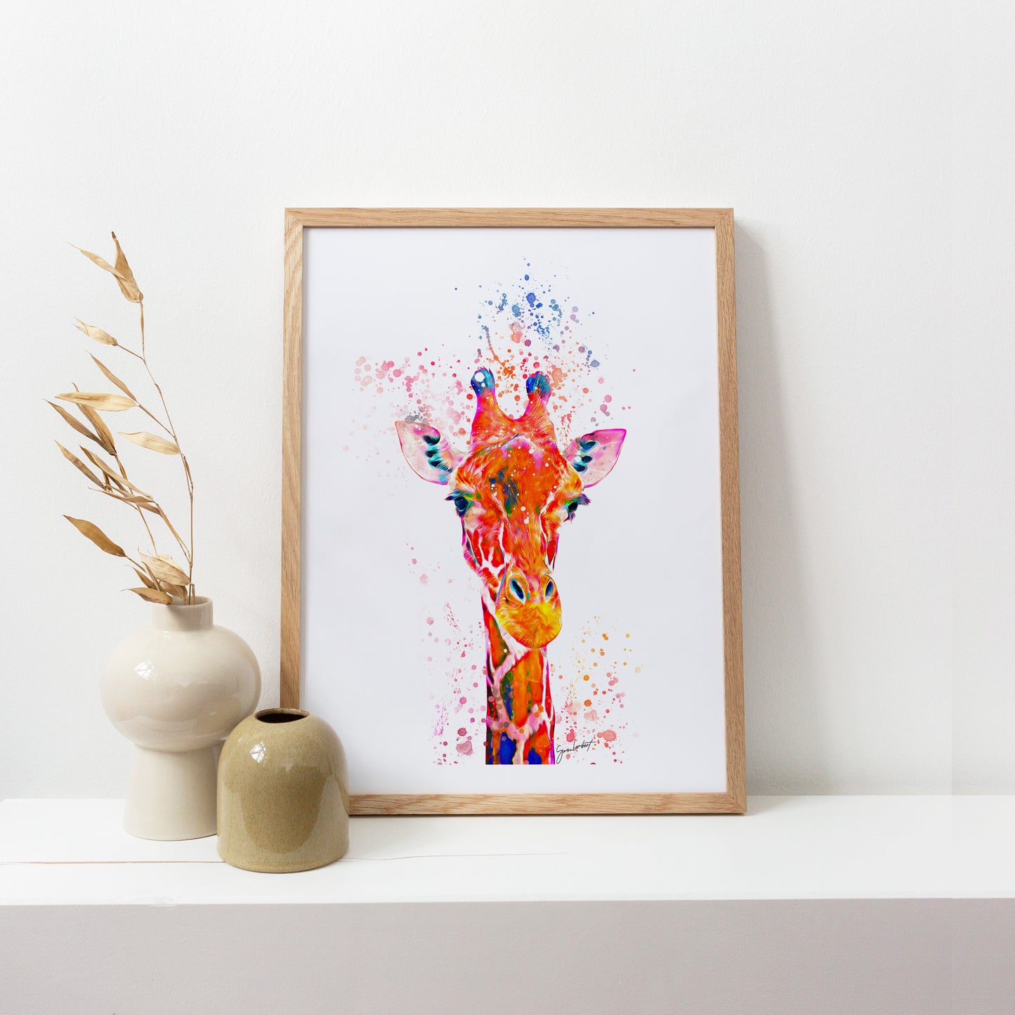 Rainbow Giraffe Portrait Splatter Style Artwork Fine Art Print (Unframed)