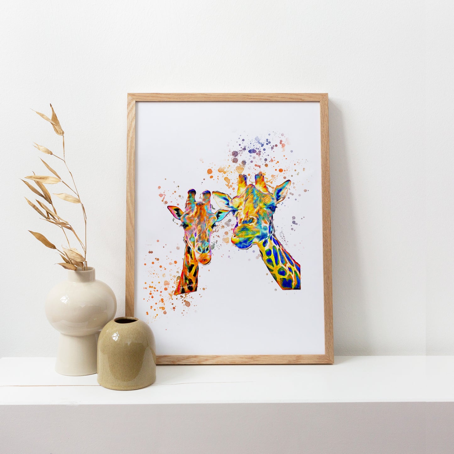 Rainbow Giraffe Portrait Splatter Style Artwork Fine Art Print (Unframed)