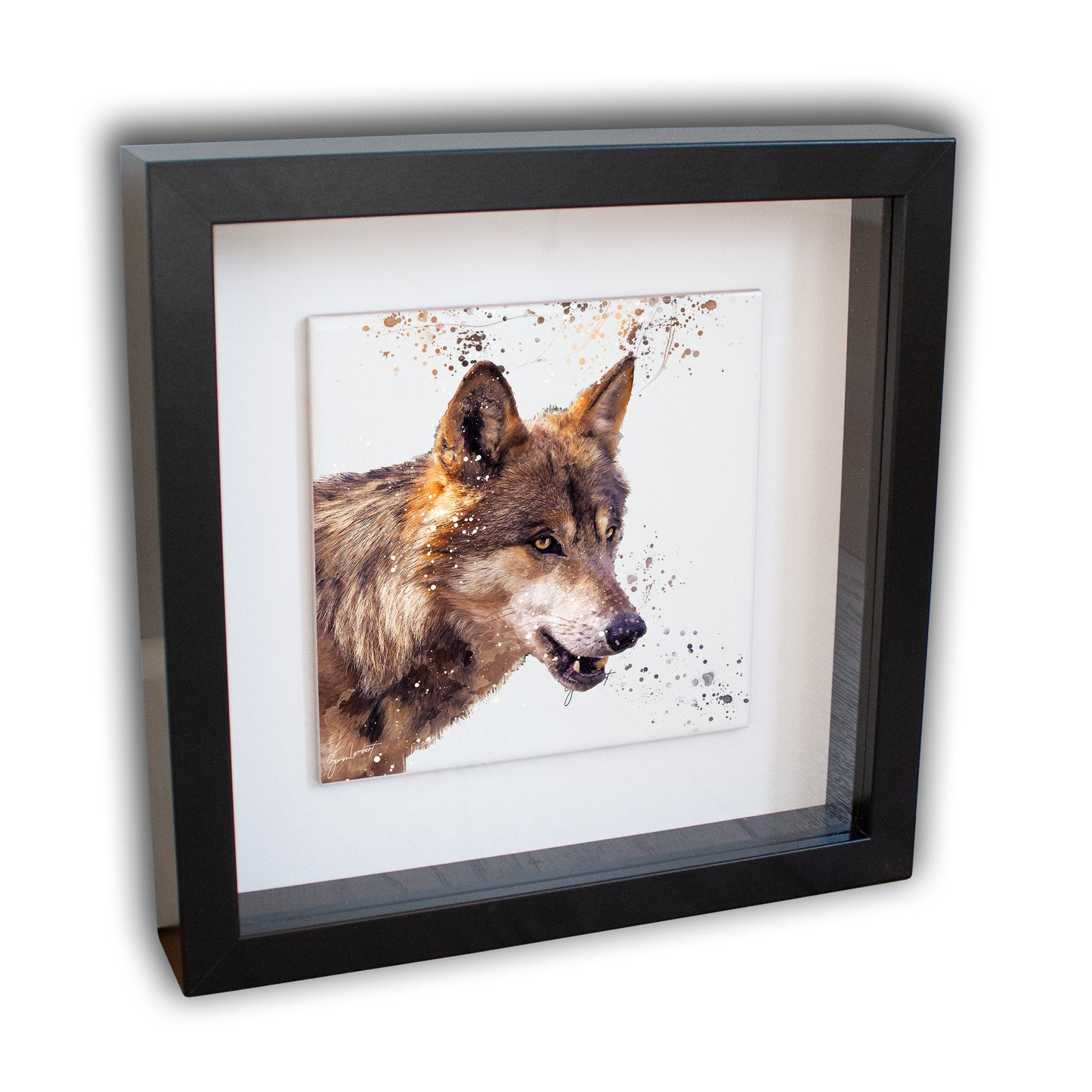 Wolf Portrait Brush Splatter Style Artwork - Framed CERAMIC TILE Art