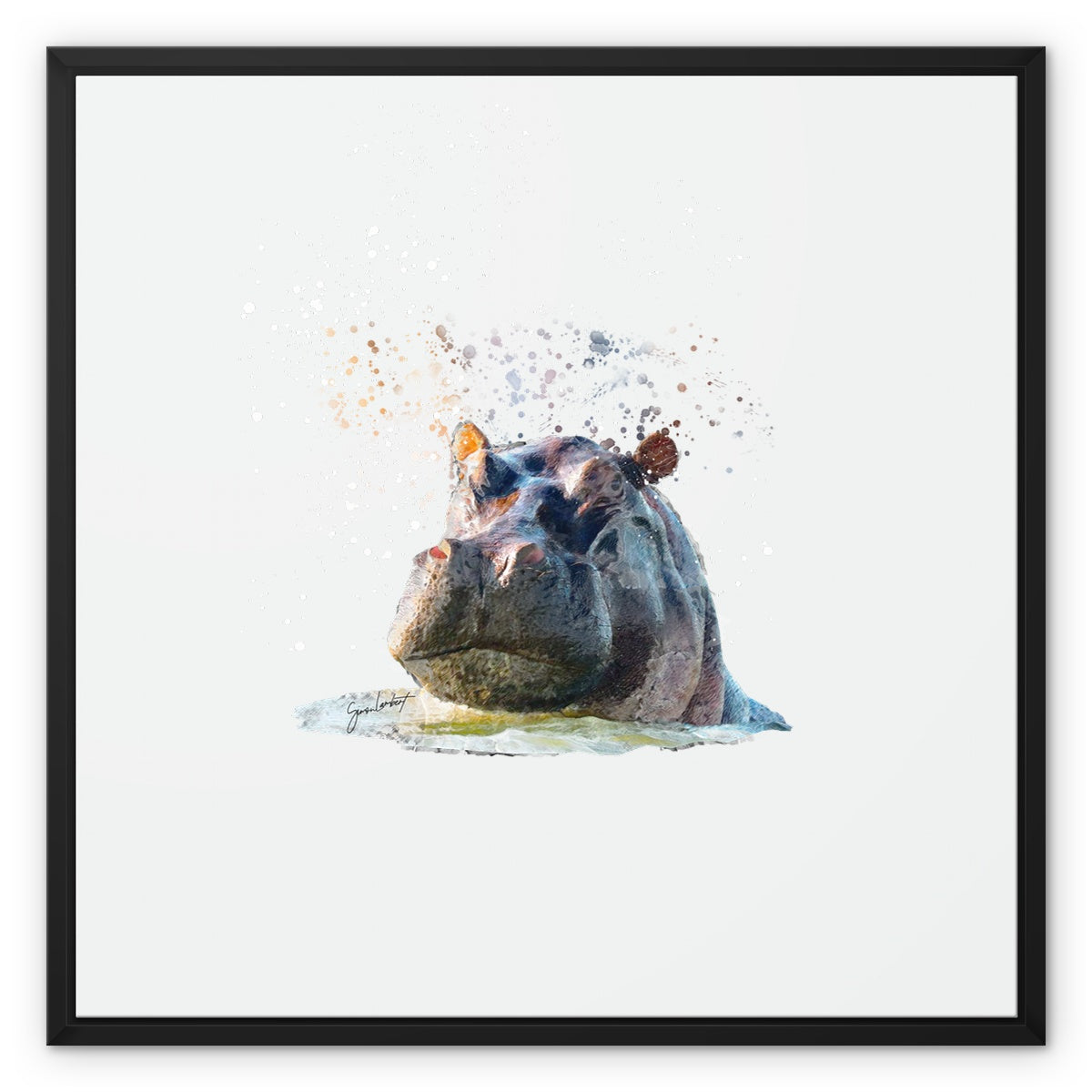 Hippo Splatter Brush Artwork Framed Canvas