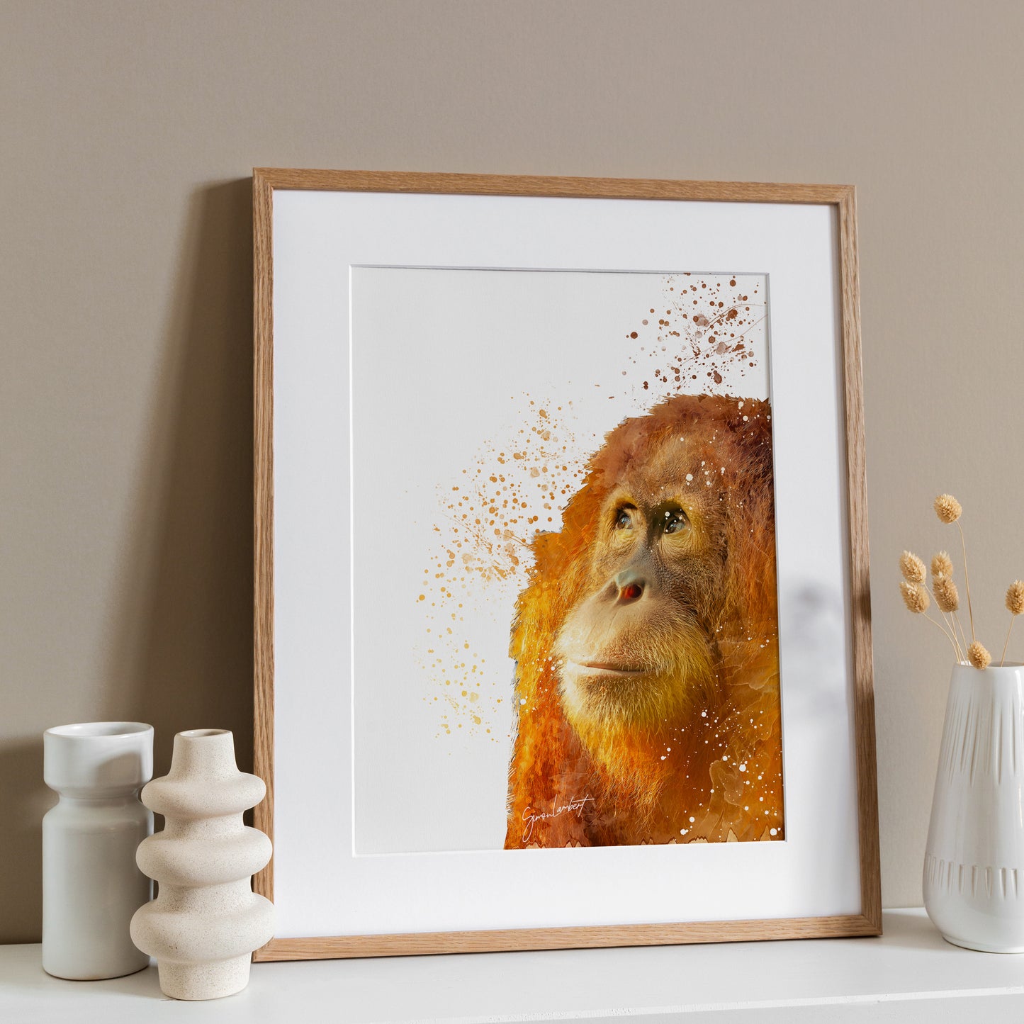 Orangutan Portrait Splatter Style Artwork Fine Art Print (Unframed)