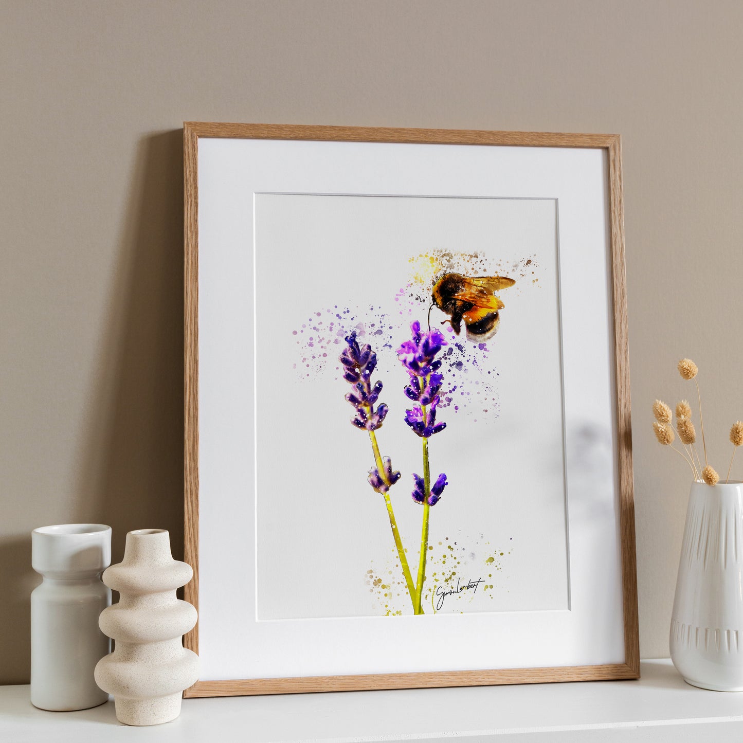 Bumblebee Lavender Plant Portrait Splatter Style Artwork Fine Art Print (Unframed)