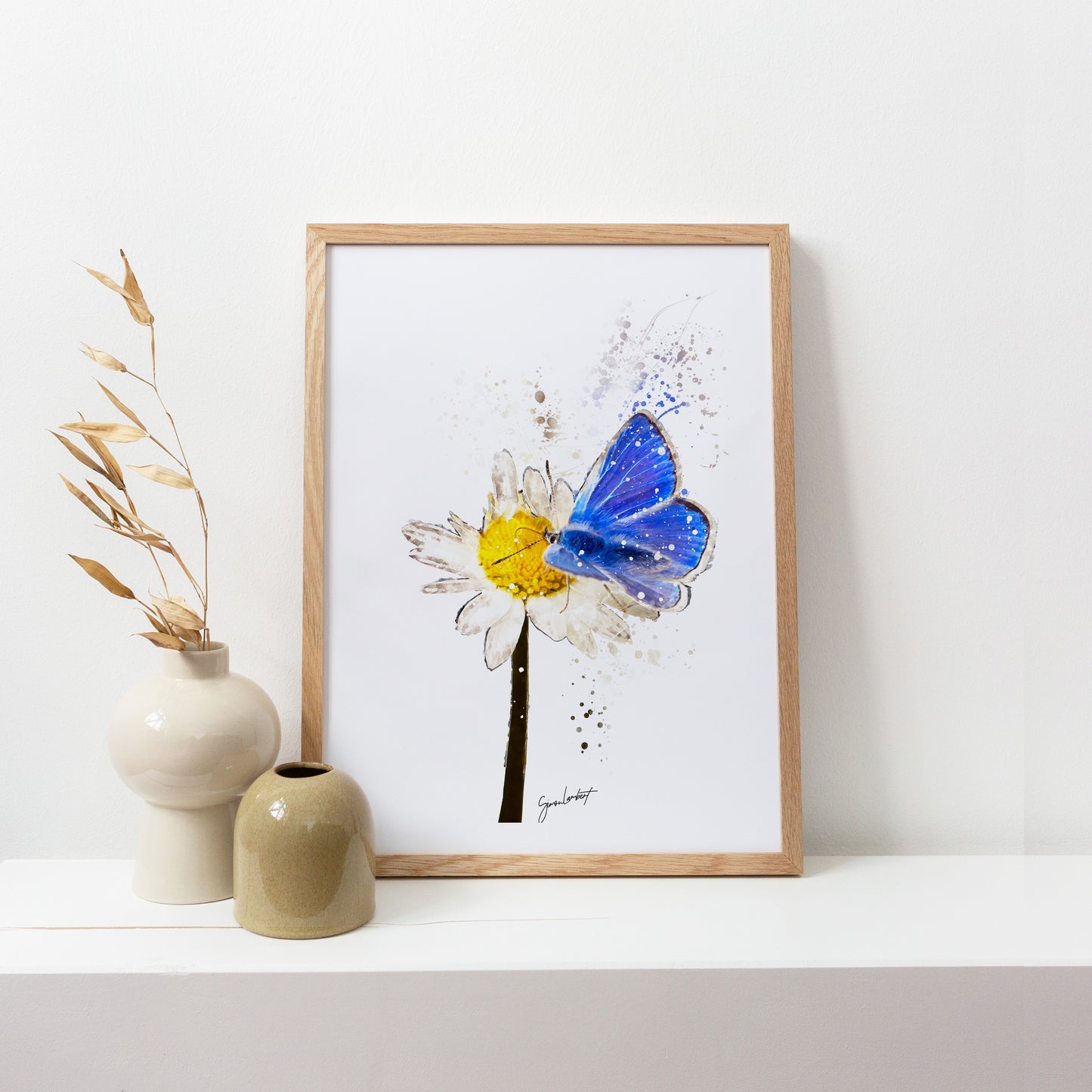 Blue Butterfly Flower Portrait Splatter Style Artwork Fine Art Print (Unframed)