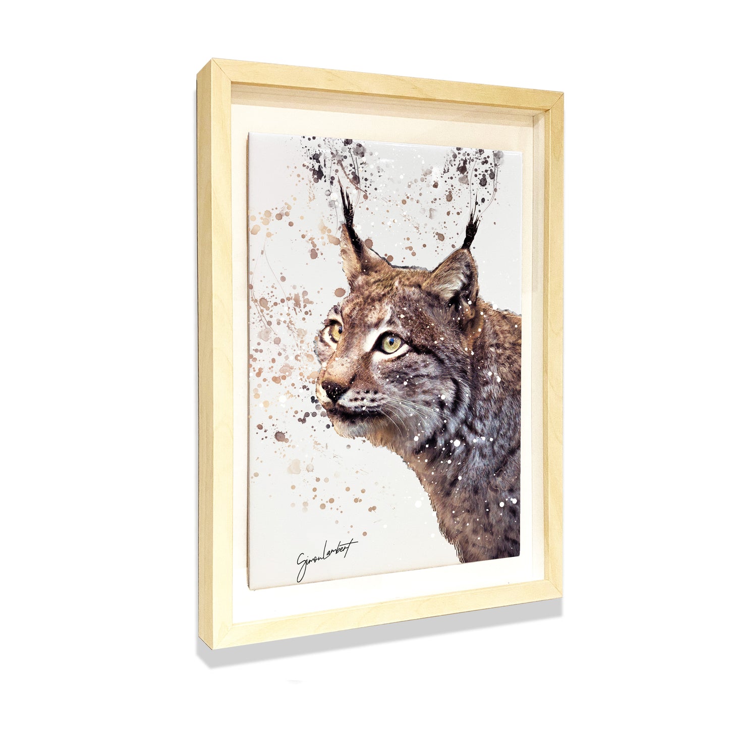 Bobcat Portrait Brush Splatter Style Artwork - Framed CERAMIC TILE Art