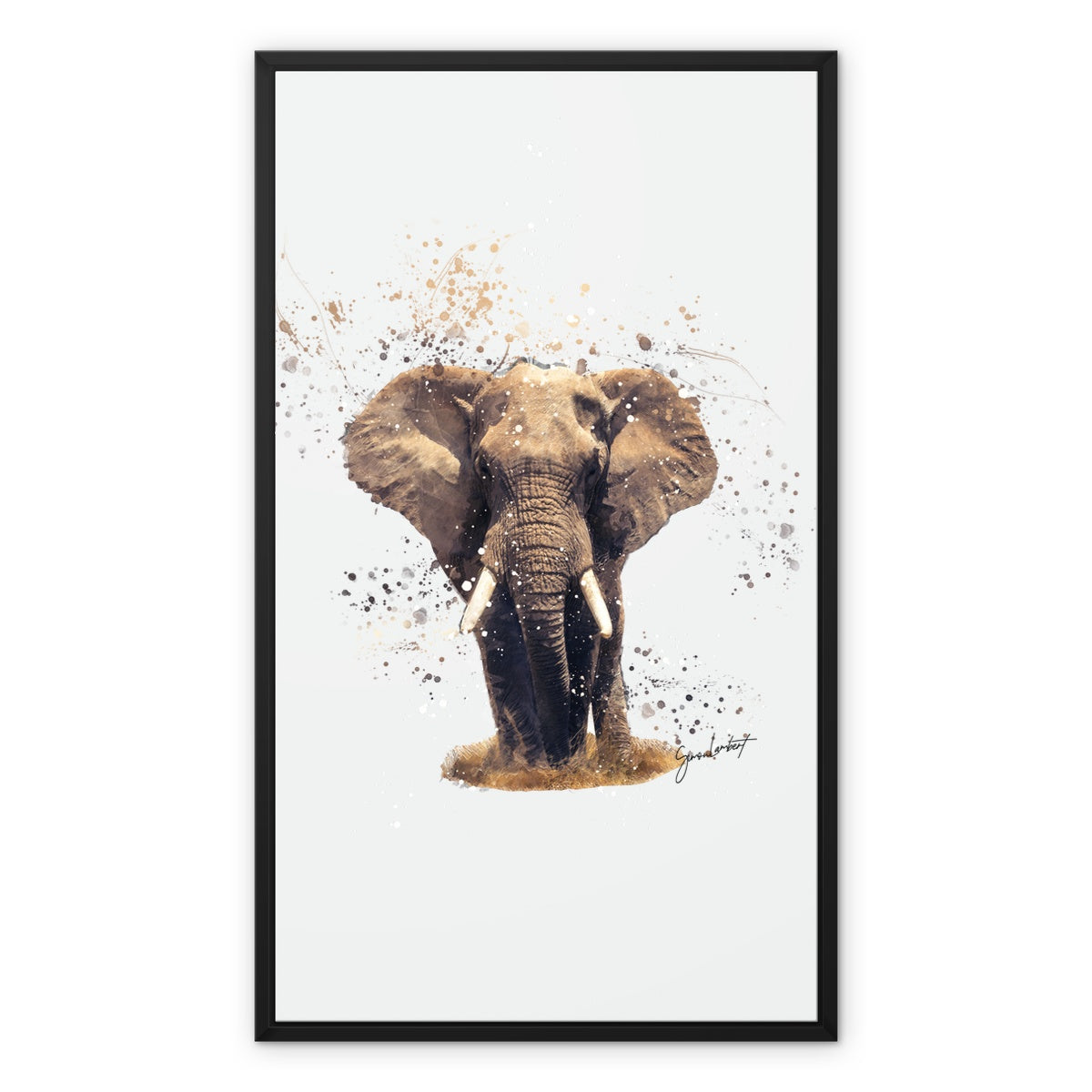 African Elephant Splatter Brush Artwork Framed Canvas