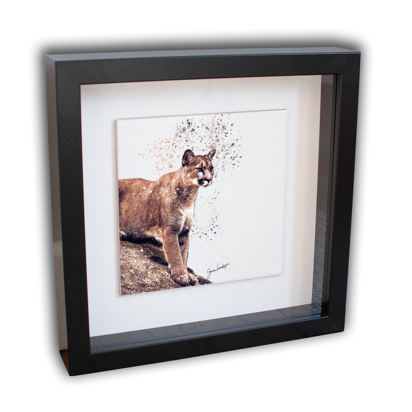 Cougar Portrait Brush Splatter Style Artwork - Framed CERAMIC TILE Art