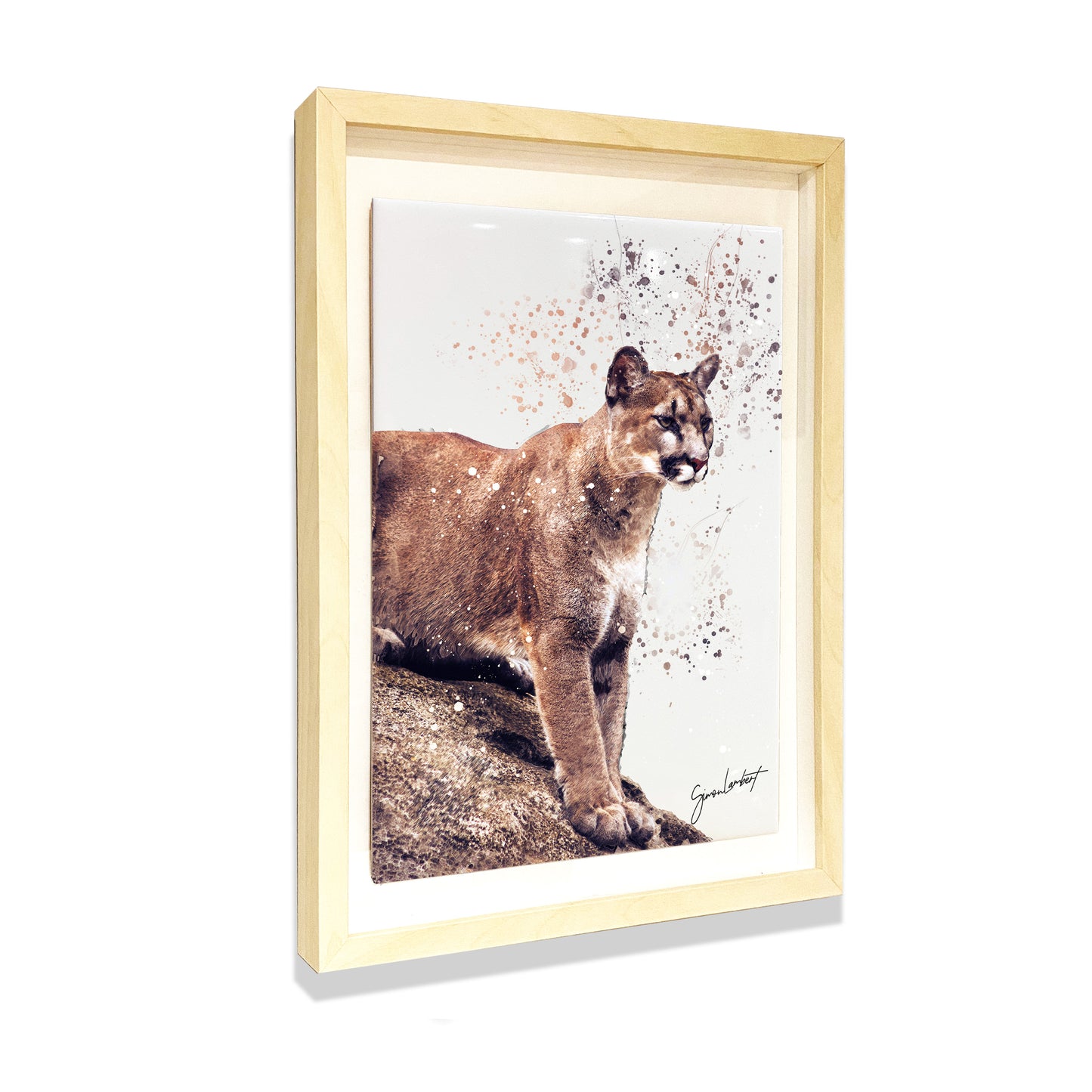 Cougar Portrait Brush Splatter Style Artwork - Framed CERAMIC TILE Art