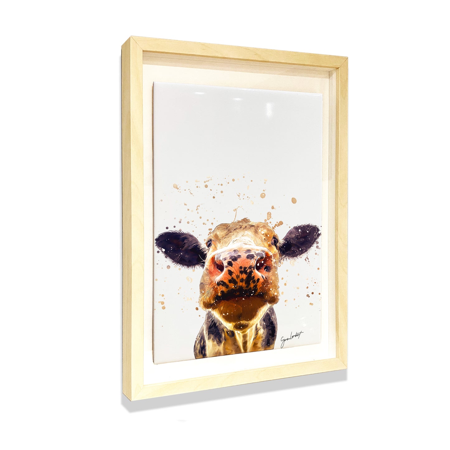 Cow Portrait Brush Splatter Style Artwork - Framed CERAMIC TILE Art