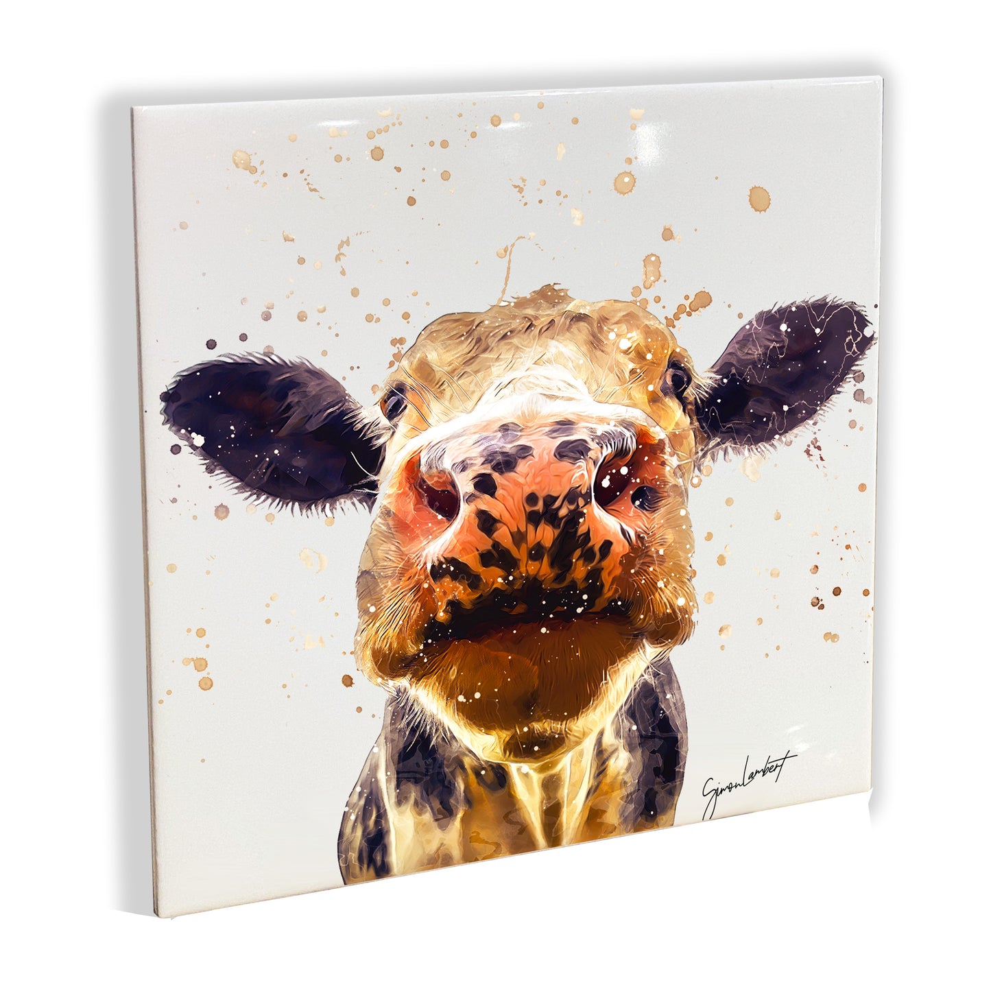 Cow Portrait Brush Splatter Style Artwork - Framed CERAMIC TILE Art