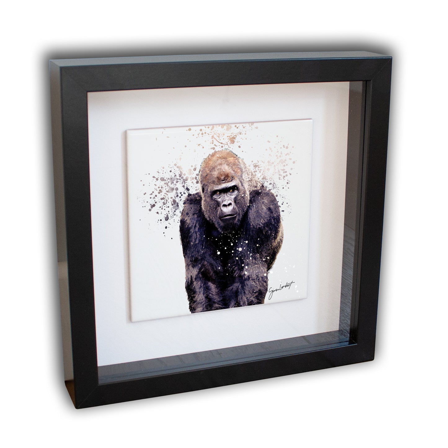 Gorilla Portrait Brush Splatter Style Artwork - Framed CERAMIC TILE Art