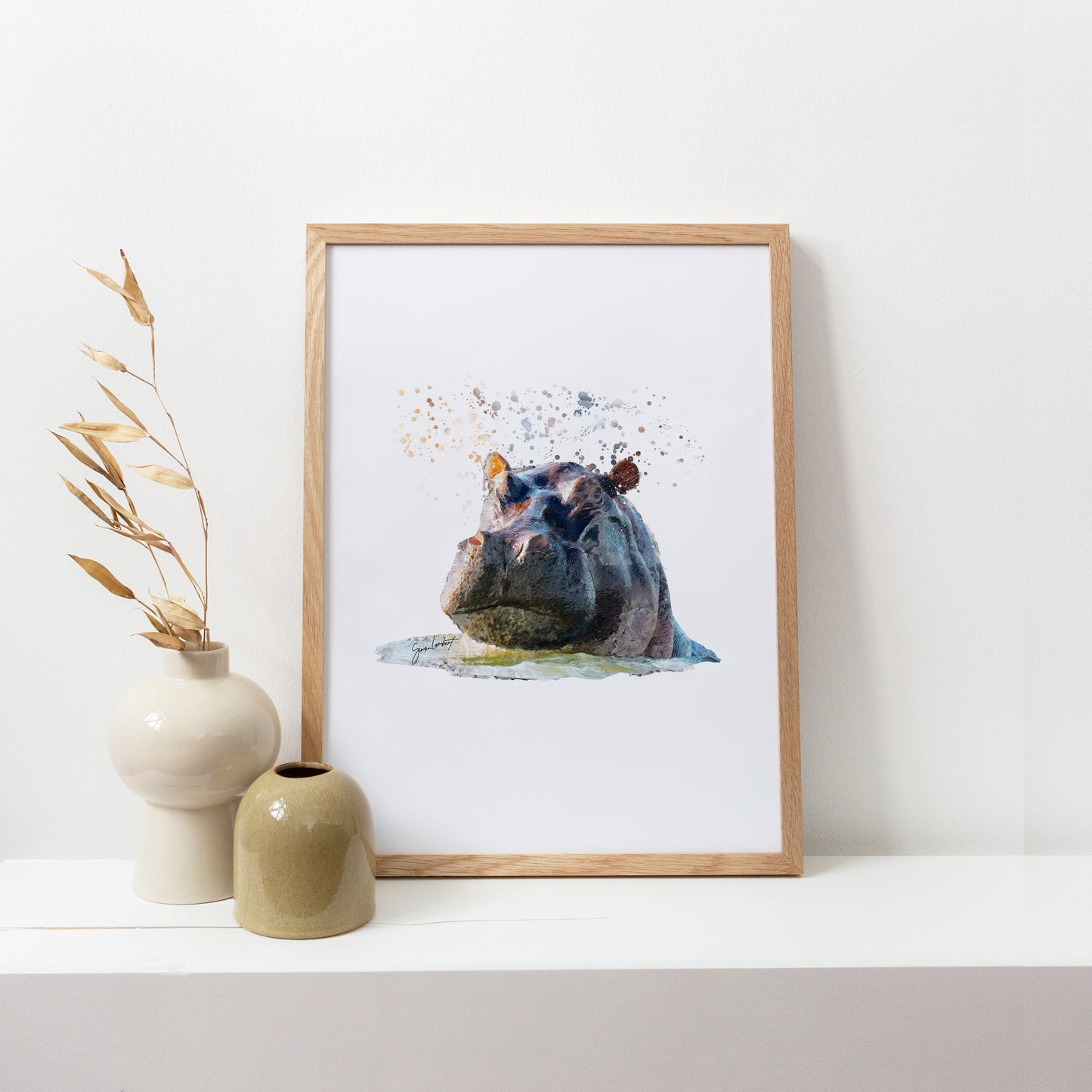 Hippo Portrait Splatter Style Artwork Fine Art Print (Unframed)