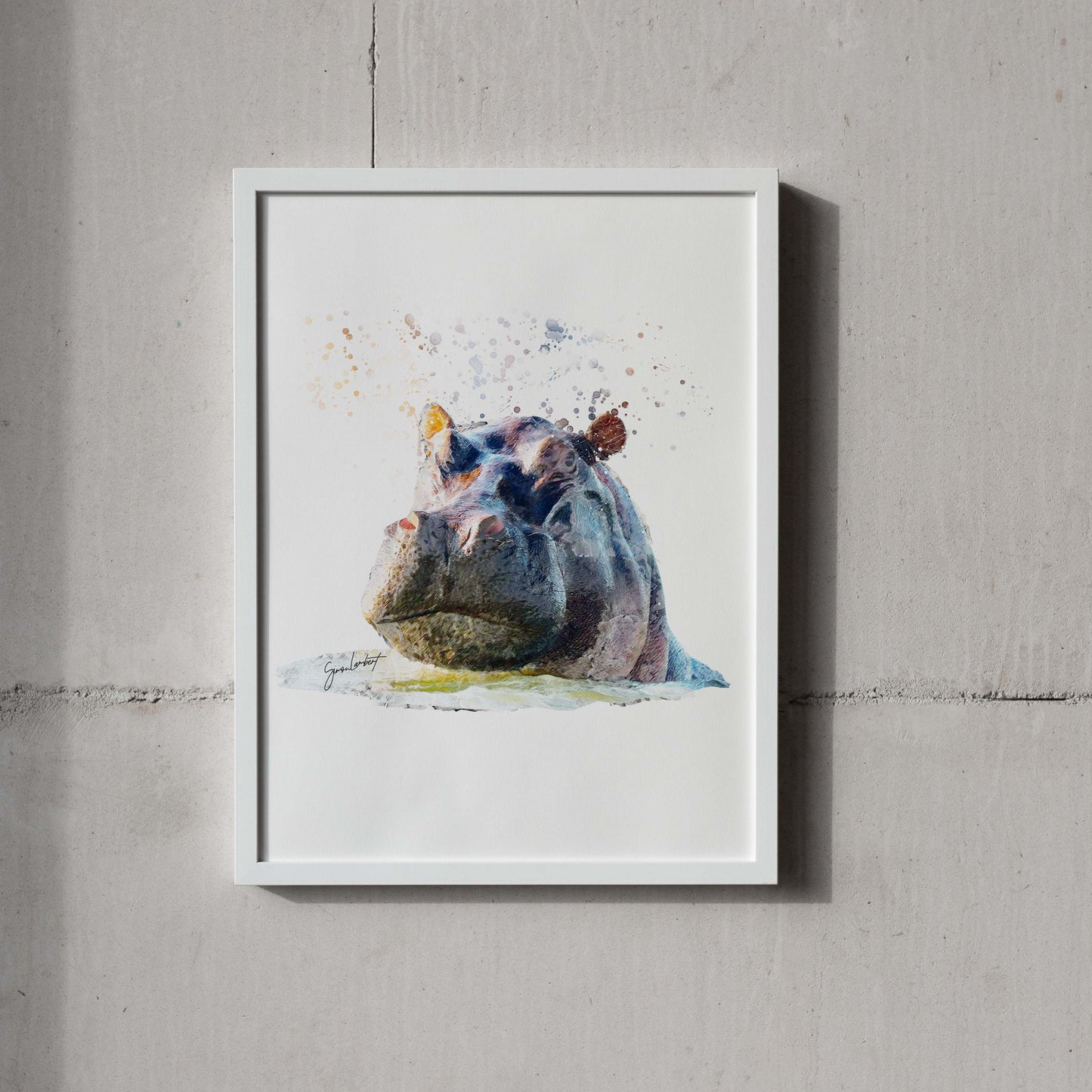 Hippo Portrait Splatter Style Artwork Fine Art Print (Unframed)