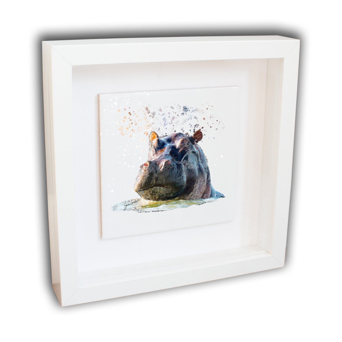 Hippo Portrait Brush Splatter Style Artwork - Framed CERAMIC TILE Art