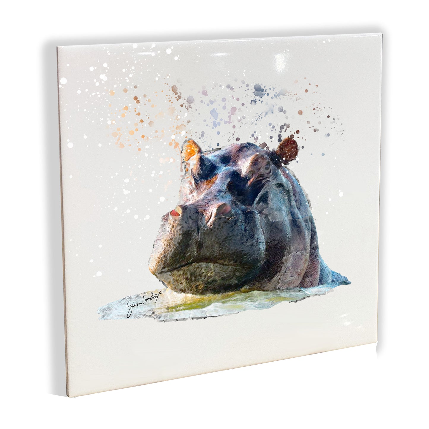 Hippo Portrait Brush Splatter Style Artwork - Framed CERAMIC TILE Art