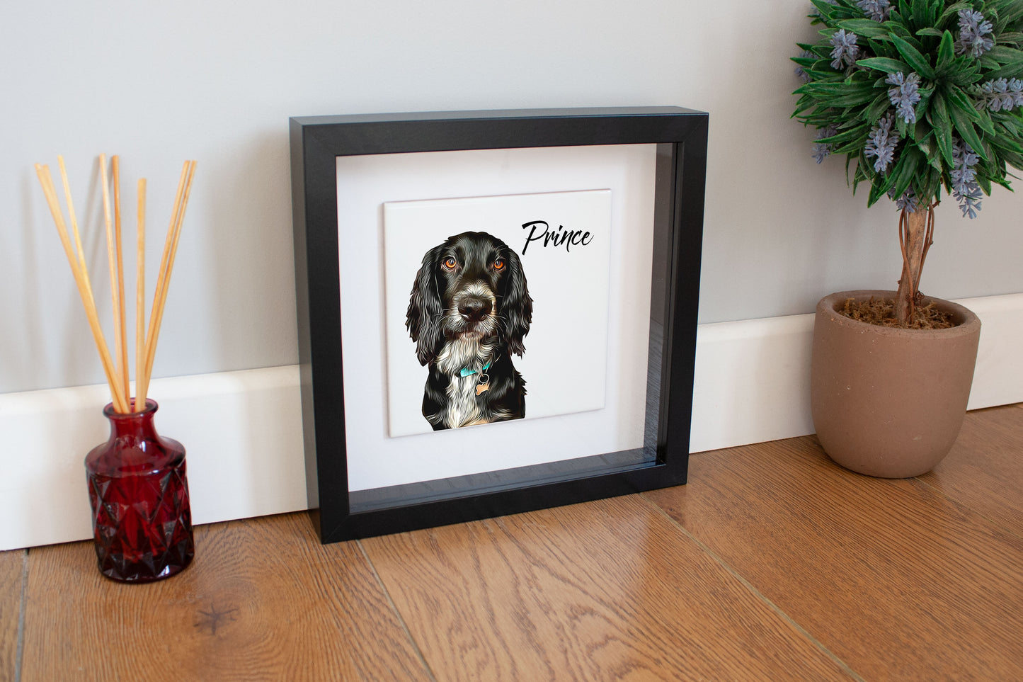 Personalised Pet Dog Cat Brush Portrait Custom Photo Print on Ceramic Tile in Box Frame Gift