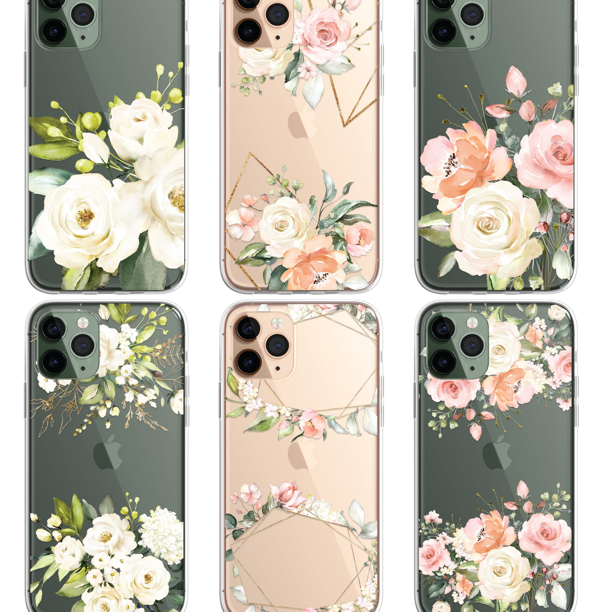 Silicone CLEAR Phone Case Cover Pretty Floral Flowers English Roses Vintage Carnations Gold iPhone 11 12 XR Max Plus Pro Samsung Galaxy