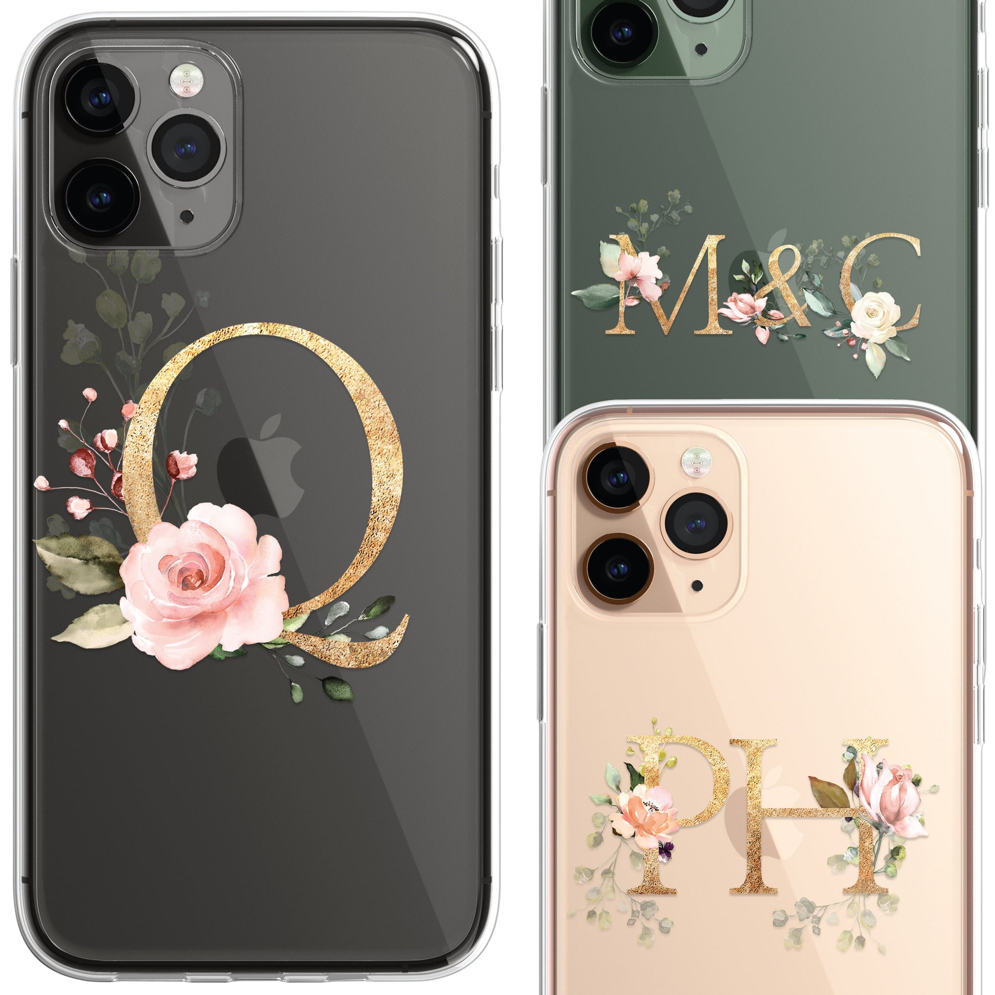 Personalised Monogram Custom Silicone CLEAR Phone Case Cover Floral Flowers English Roses Gold iPhone 11 XS XR Max Plus Pro Samsung Galaxy