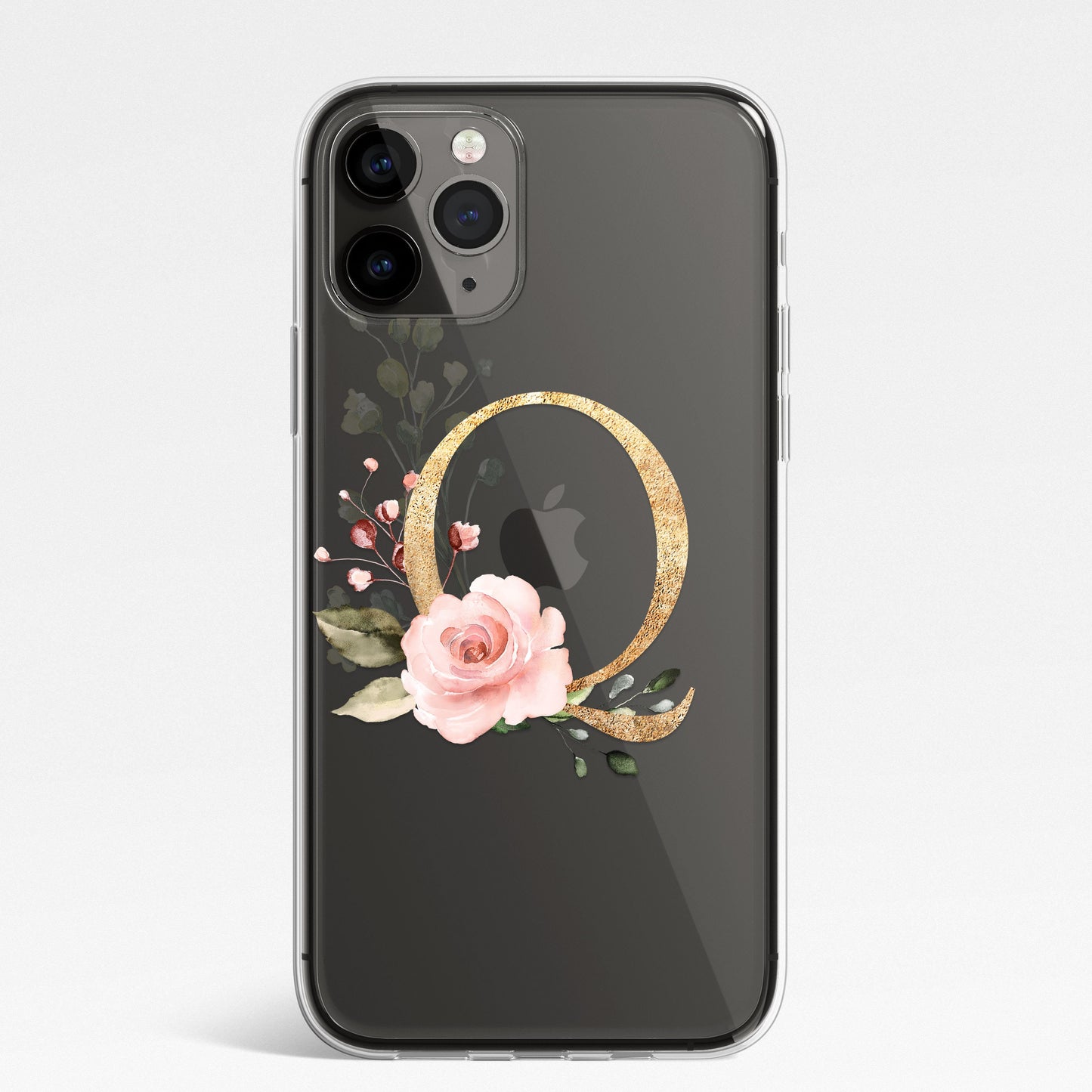 Personalised Monogram Custom Silicone CLEAR Phone Case Cover Floral Flowers English Roses Gold iPhone 11 XS XR Max Plus Pro Samsung Galaxy