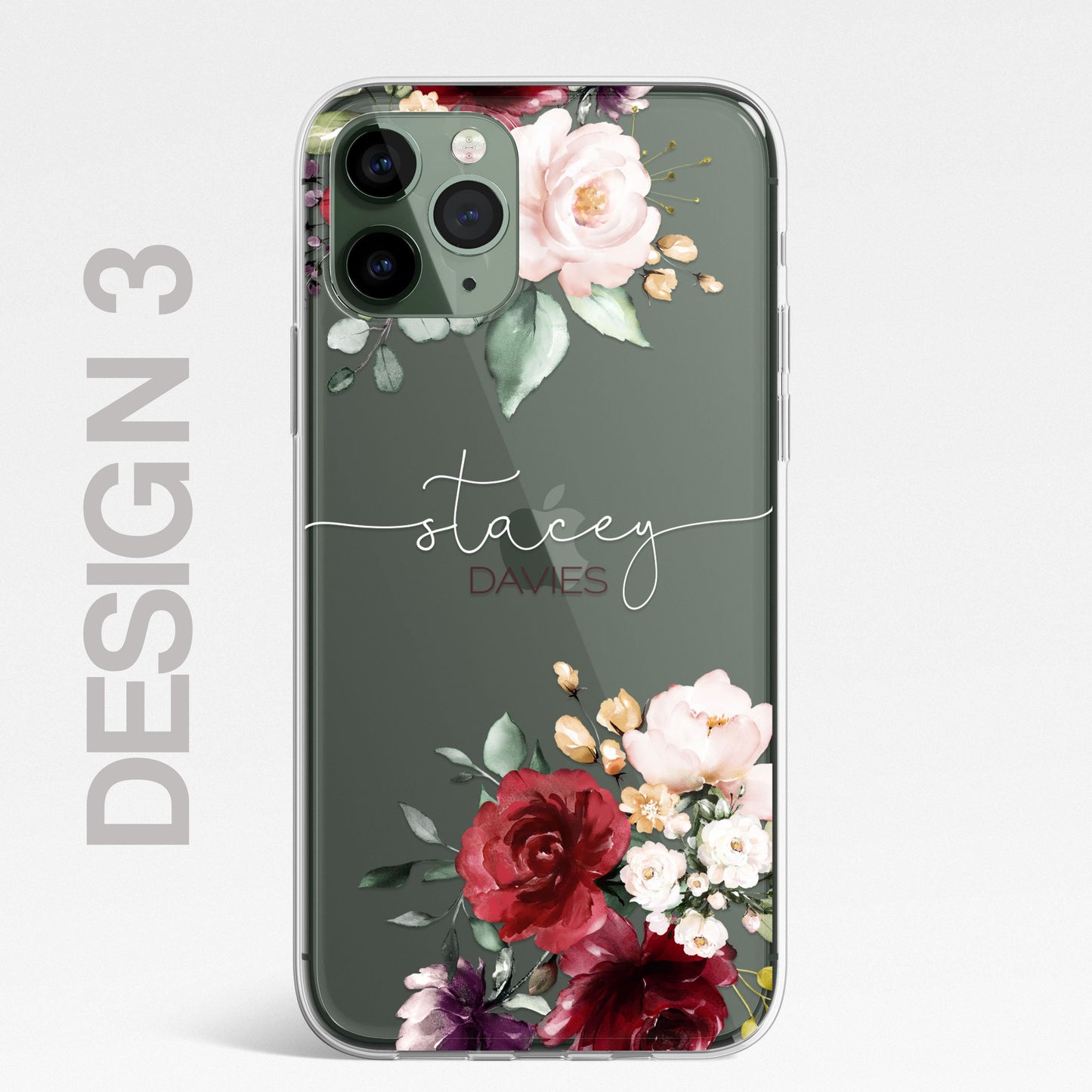 Floral Custom Phone Case Cover in CLEAR Silicone with Personalised Initials Name RED Floral Flower Design for iPhone & Samsung Galaxy