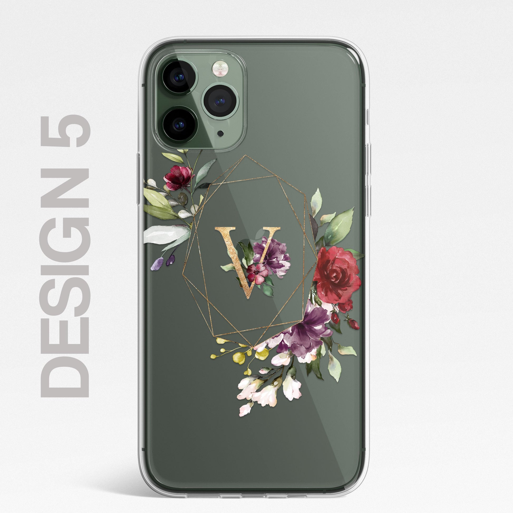 Floral Custom Phone Case Cover in CLEAR Silicone with Personalised Initials Name RED Floral Flower Design for iPhone & Samsung Galaxy