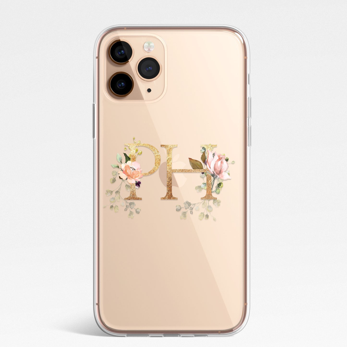 Personalised Monogram Custom Silicone CLEAR Phone Case Cover Floral Flowers English Roses Gold iPhone 11 XS XR Max Plus Pro Samsung Galaxy