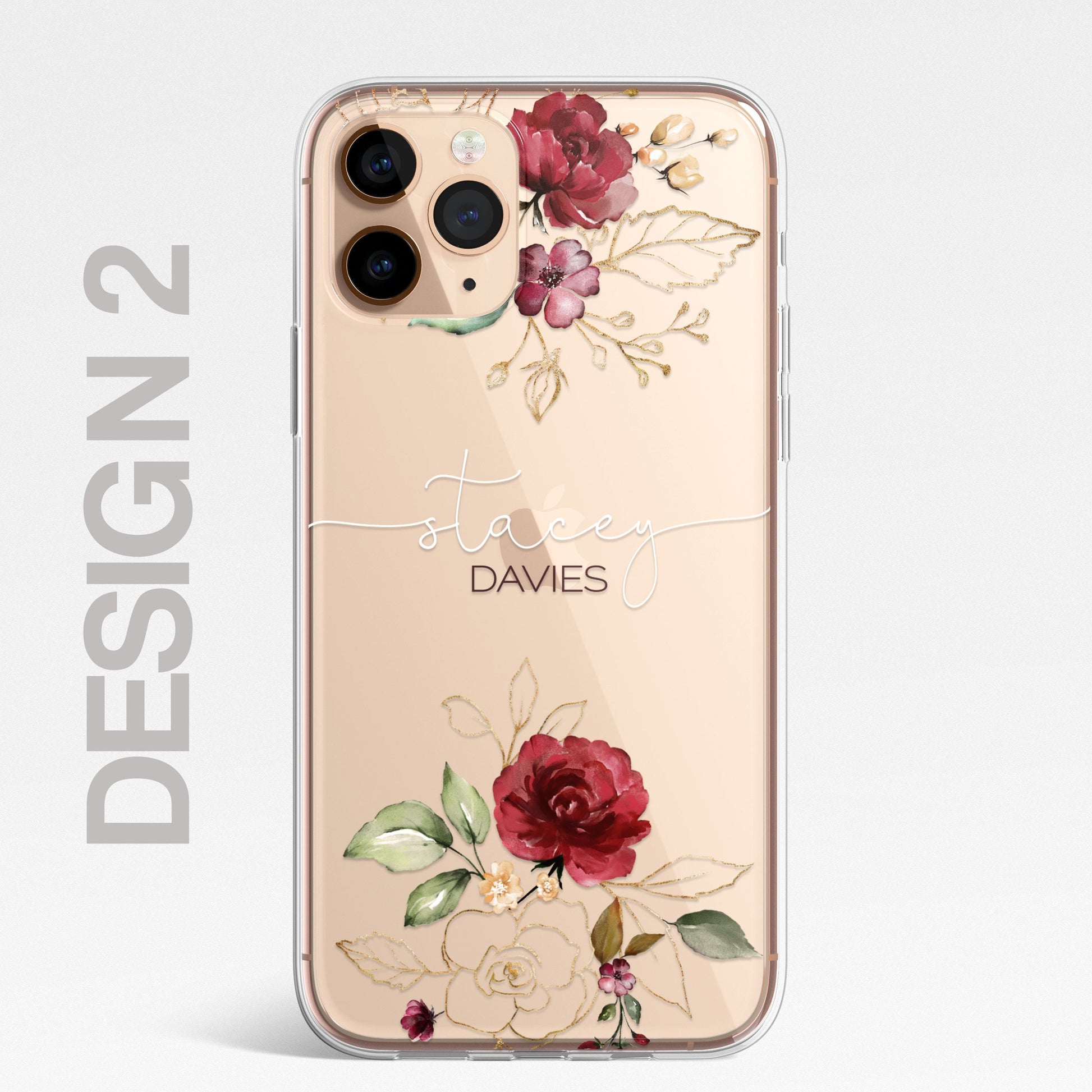 Floral Custom Phone Case Cover in CLEAR Silicone with Personalised Initials Name RED Floral Flower Design for iPhone & Samsung Galaxy