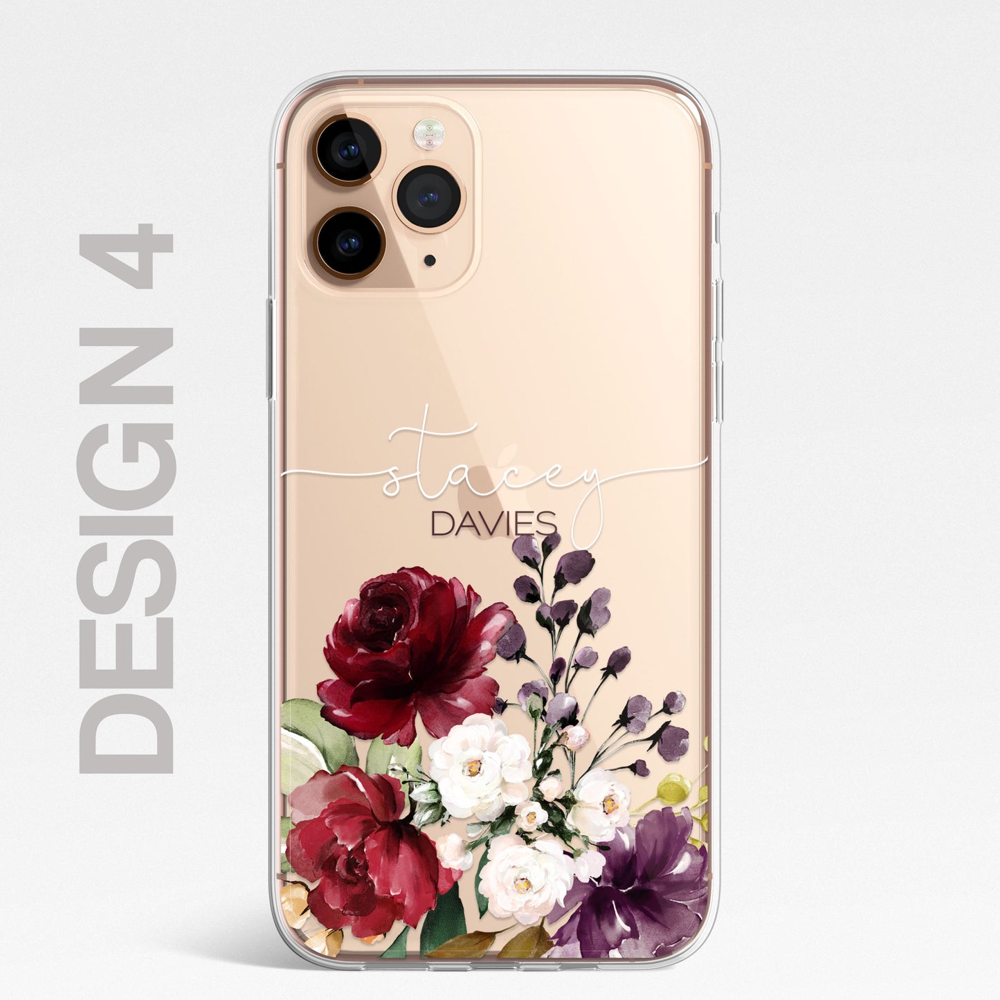 Floral Custom Phone Case Cover in CLEAR Silicone with Personalised Initials Name RED Floral Flower Design for iPhone & Samsung Galaxy