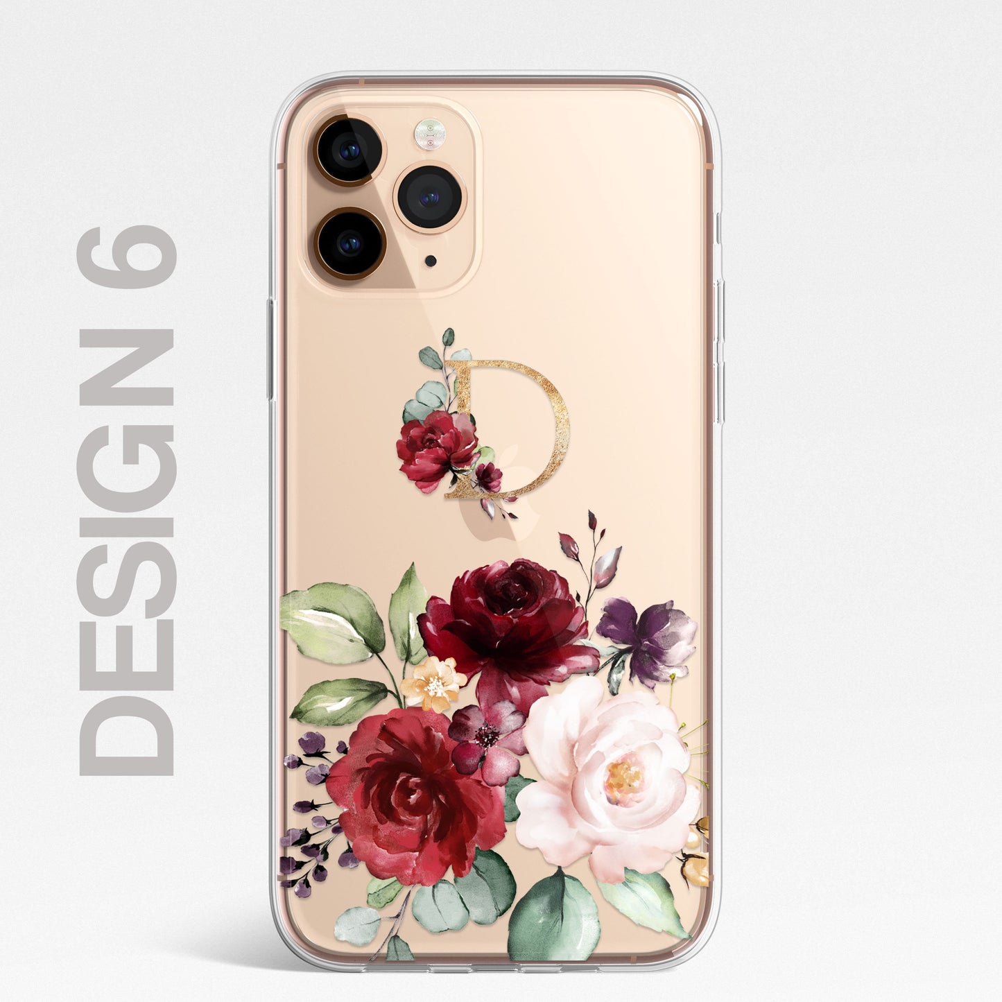 Floral Custom Phone Case Cover in CLEAR Silicone with Personalised Initials Name RED Floral Flower Design for iPhone & Samsung Galaxy