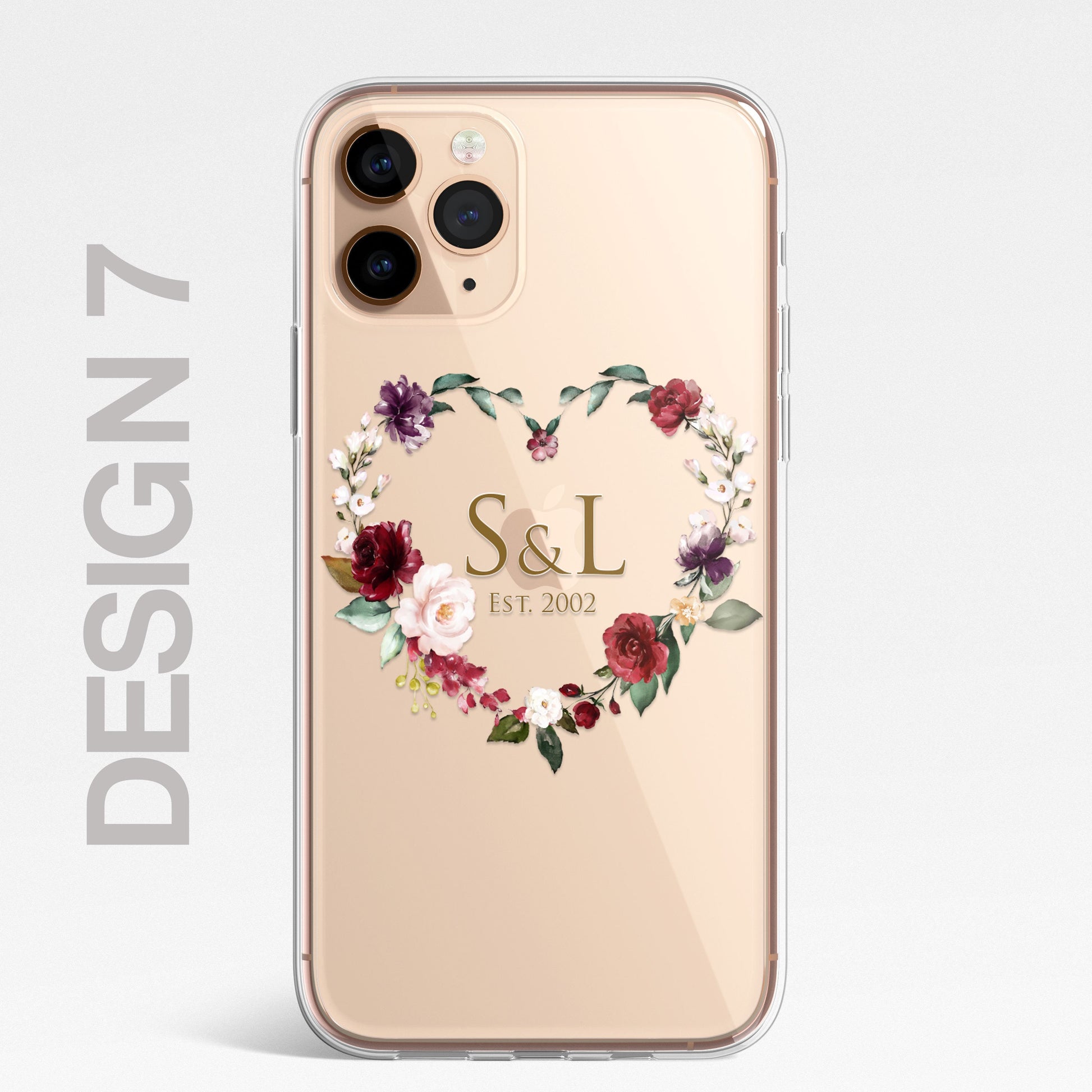 Floral Custom Phone Case Cover in CLEAR Silicone with Personalised Initials Name RED Floral Flower Design for iPhone & Samsung Galaxy