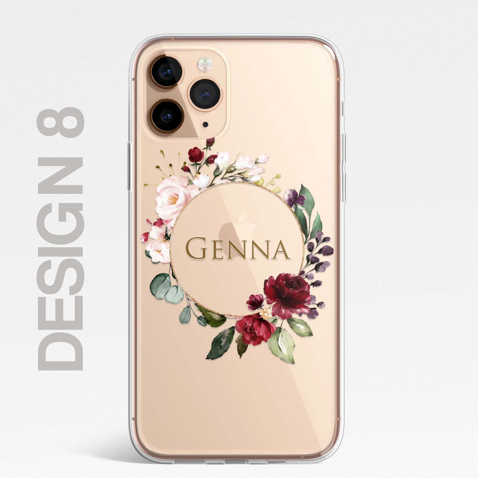 Floral Custom Phone Case Cover in CLEAR Silicone with Personalised Initials Name RED Floral Flower Design for iPhone & Samsung Galaxy