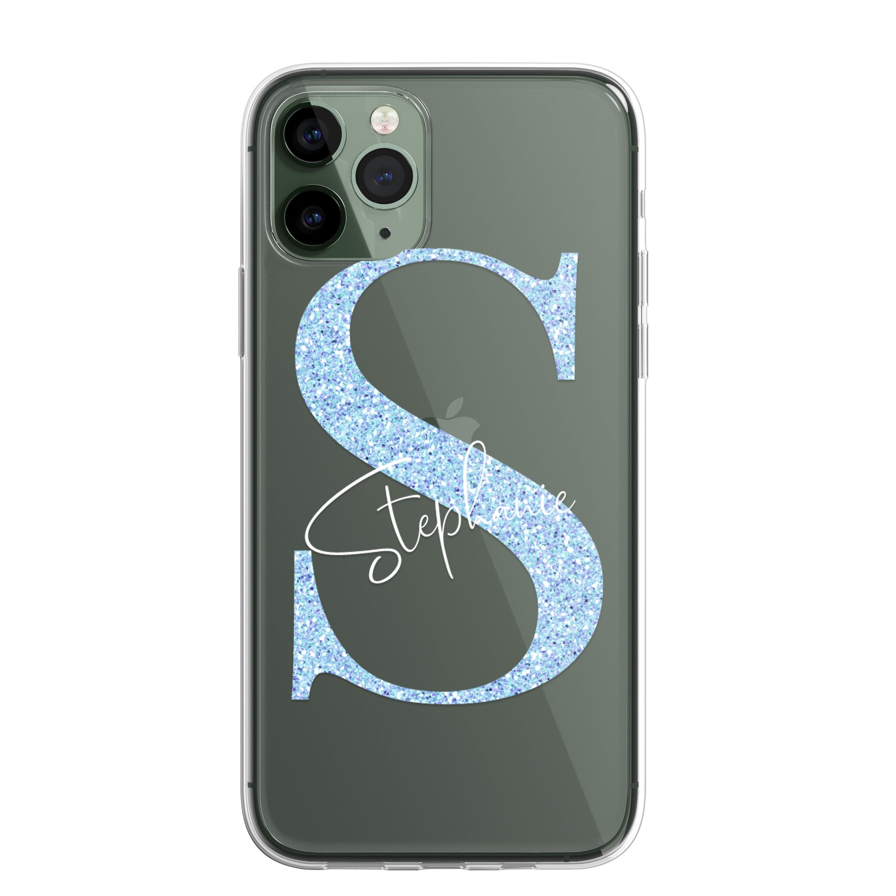 iPhone Case Personalised Glitter Style Custom Initials Name Phone Case Cover in CLEAR Silicone also for iPhone 12 Samsung Galaxy