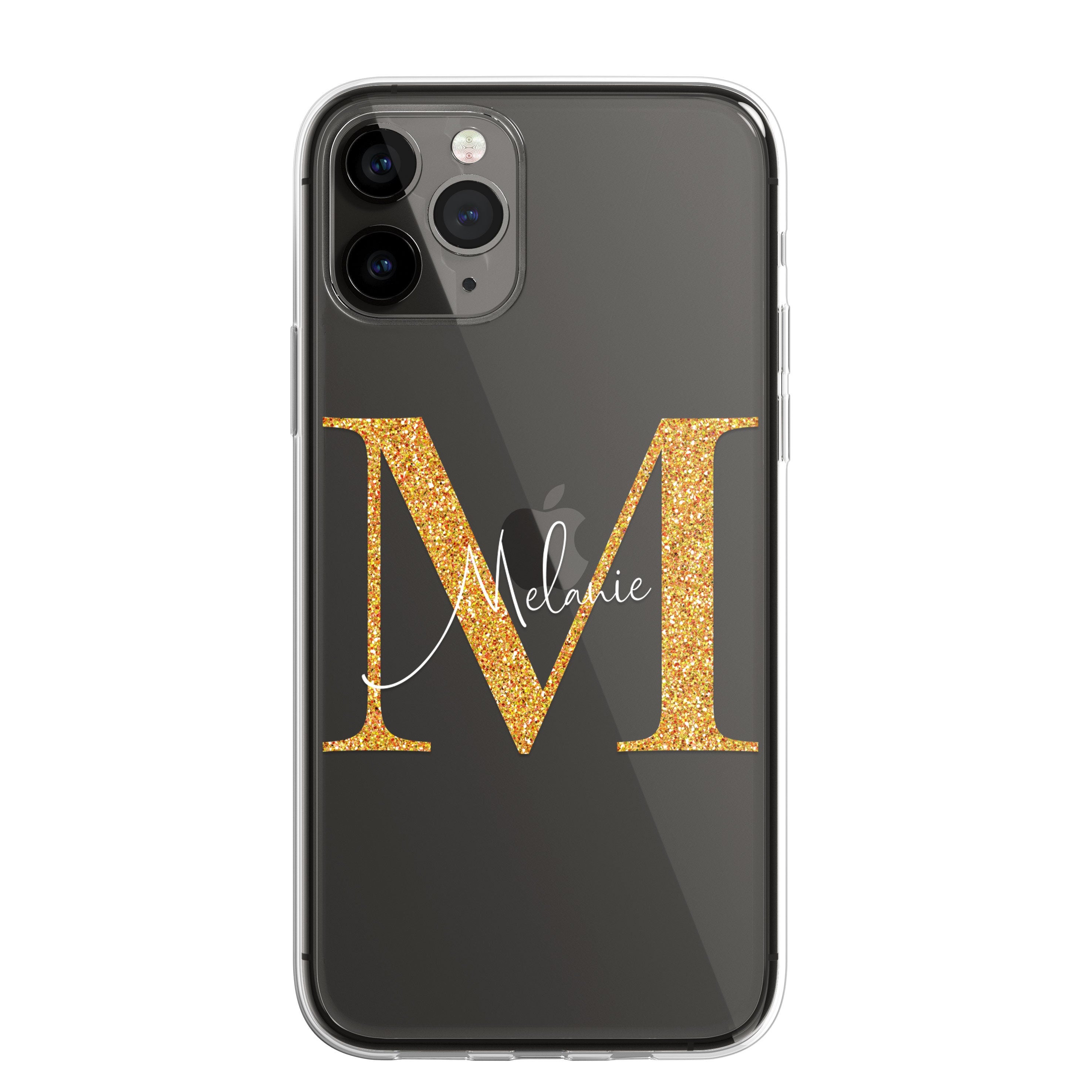 iPhone Case Personalised Glitter Style Custom Initials Name Phone Case Cover in CLEAR Silicone also for iPhone 12 Samsung Galaxy