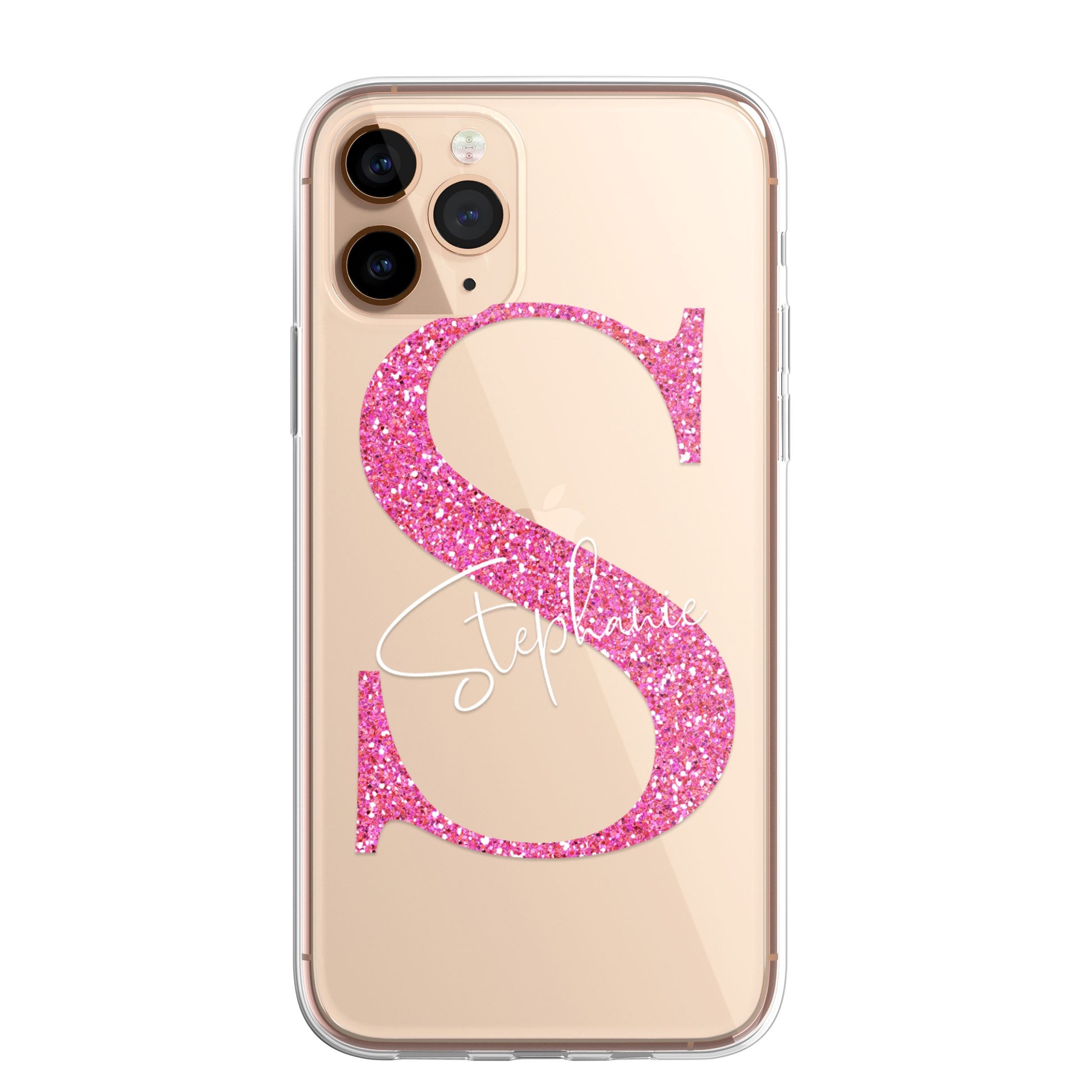 iPhone Case Personalised Glitter Style Custom Initials Name Phone Case Cover in CLEAR Silicone also for iPhone 12 & Samsung Galaxy