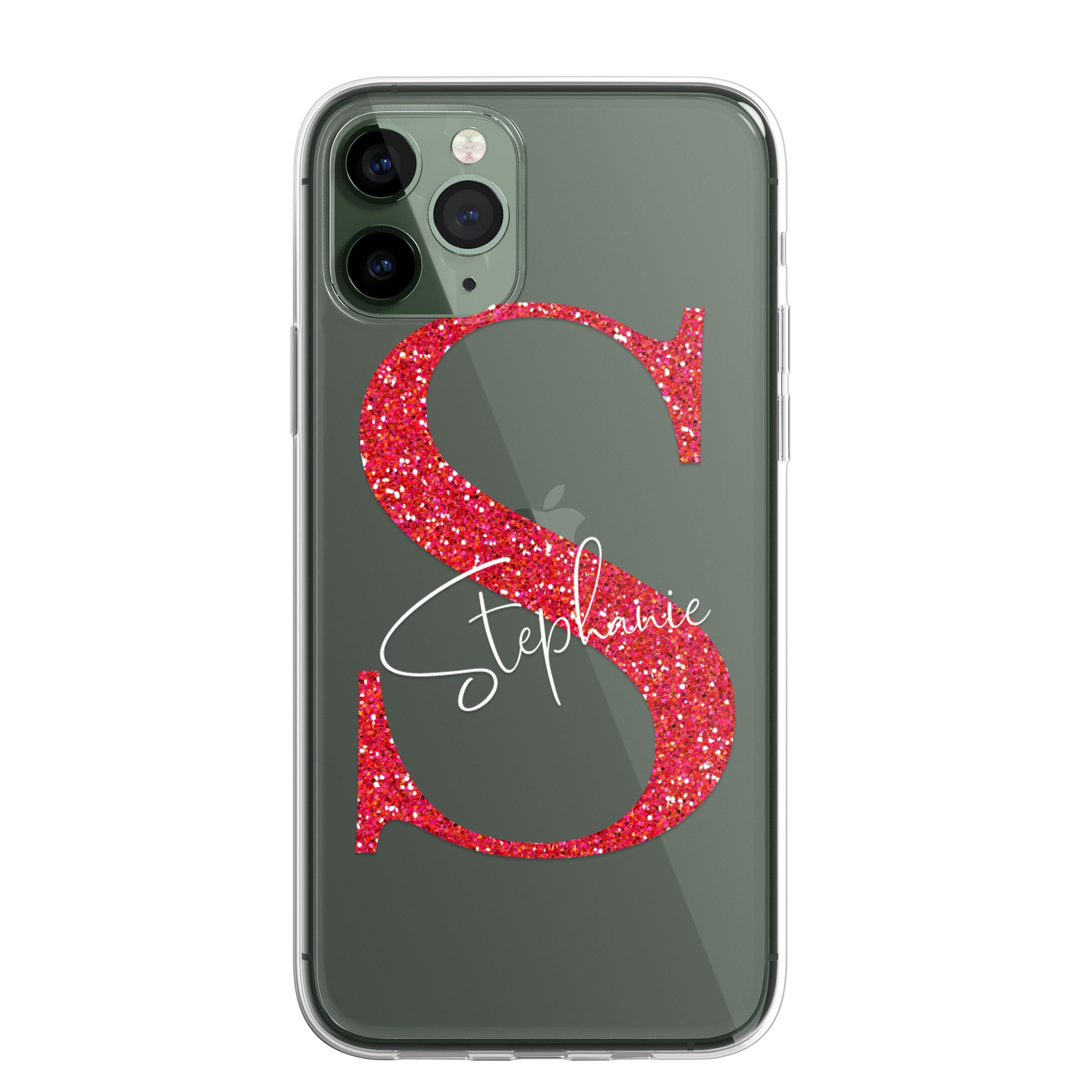 iPhone Case Personalised Glitter Style Custom Initials Name Phone Case Cover in CLEAR Silicone also for iPhone 12 Samsung Galaxy