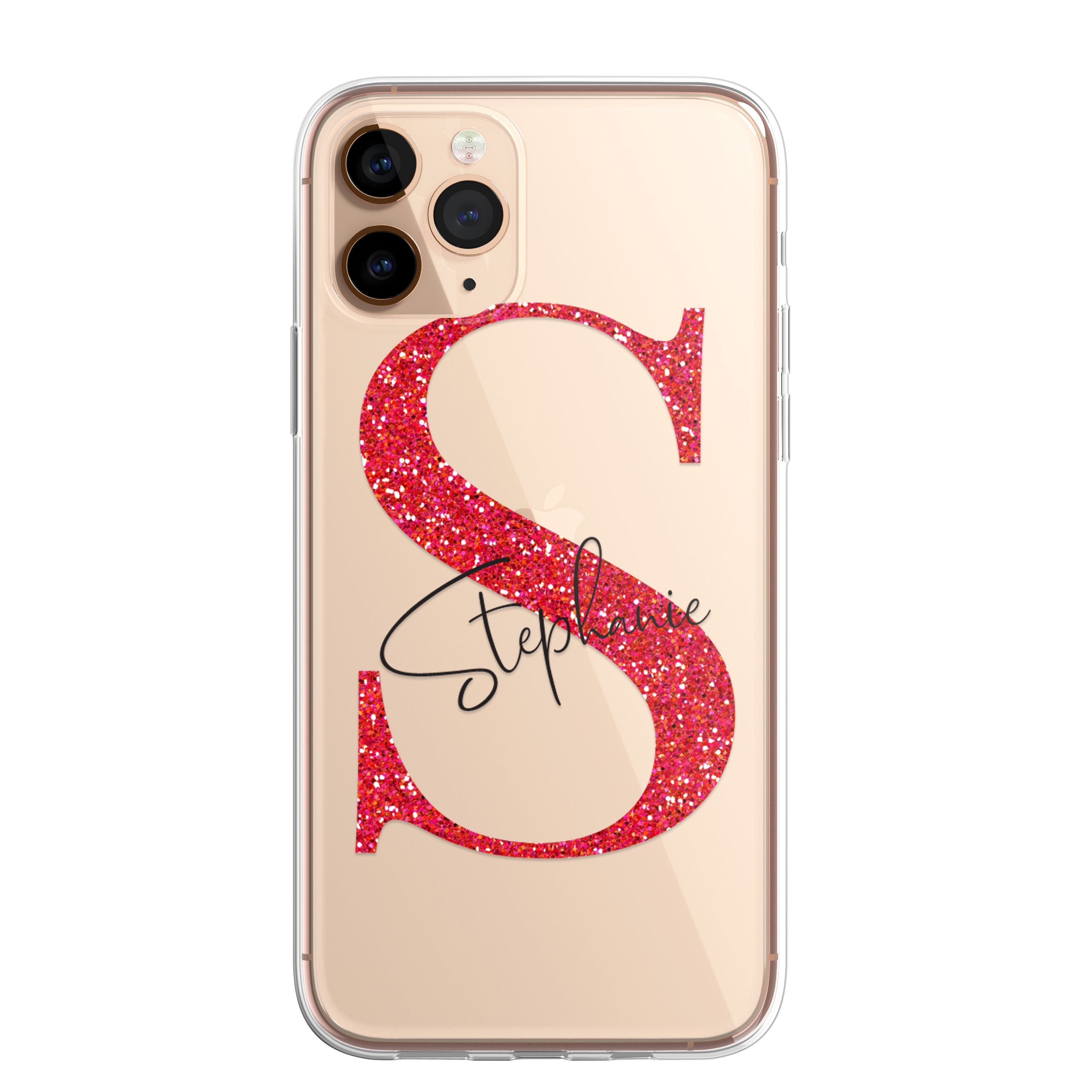 iPhone Case Personalised Glitter Style Custom Initials Name Phone Case Cover in CLEAR Silicone also for iPhone 12 Samsung Galaxy