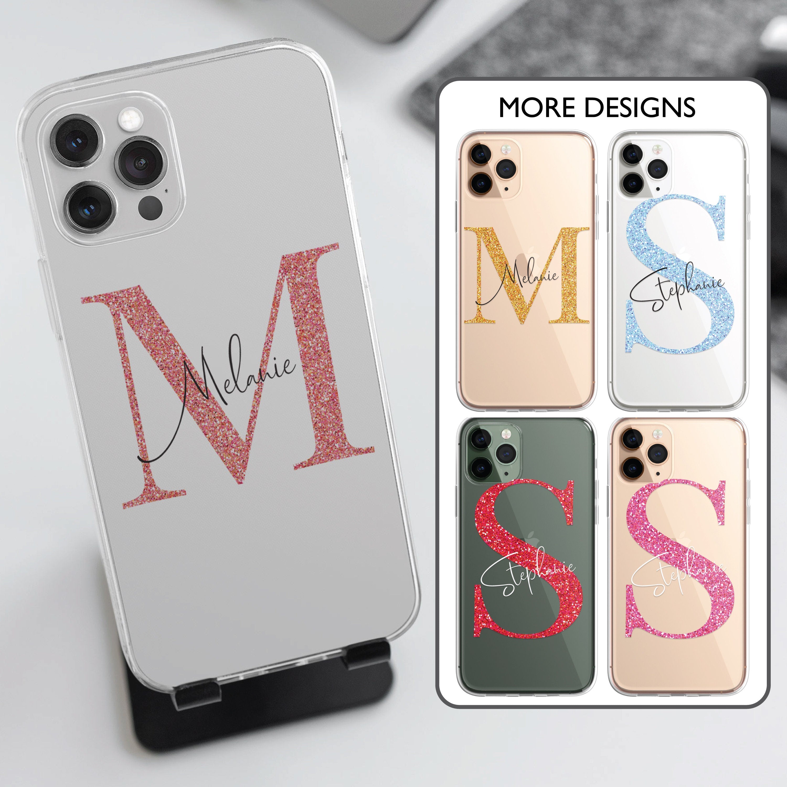 iPhone Case Personalised Glitter Style Custom Initials Name Phone Case Cover in CLEAR Silicone also for iPhone 12 Samsung Galaxy