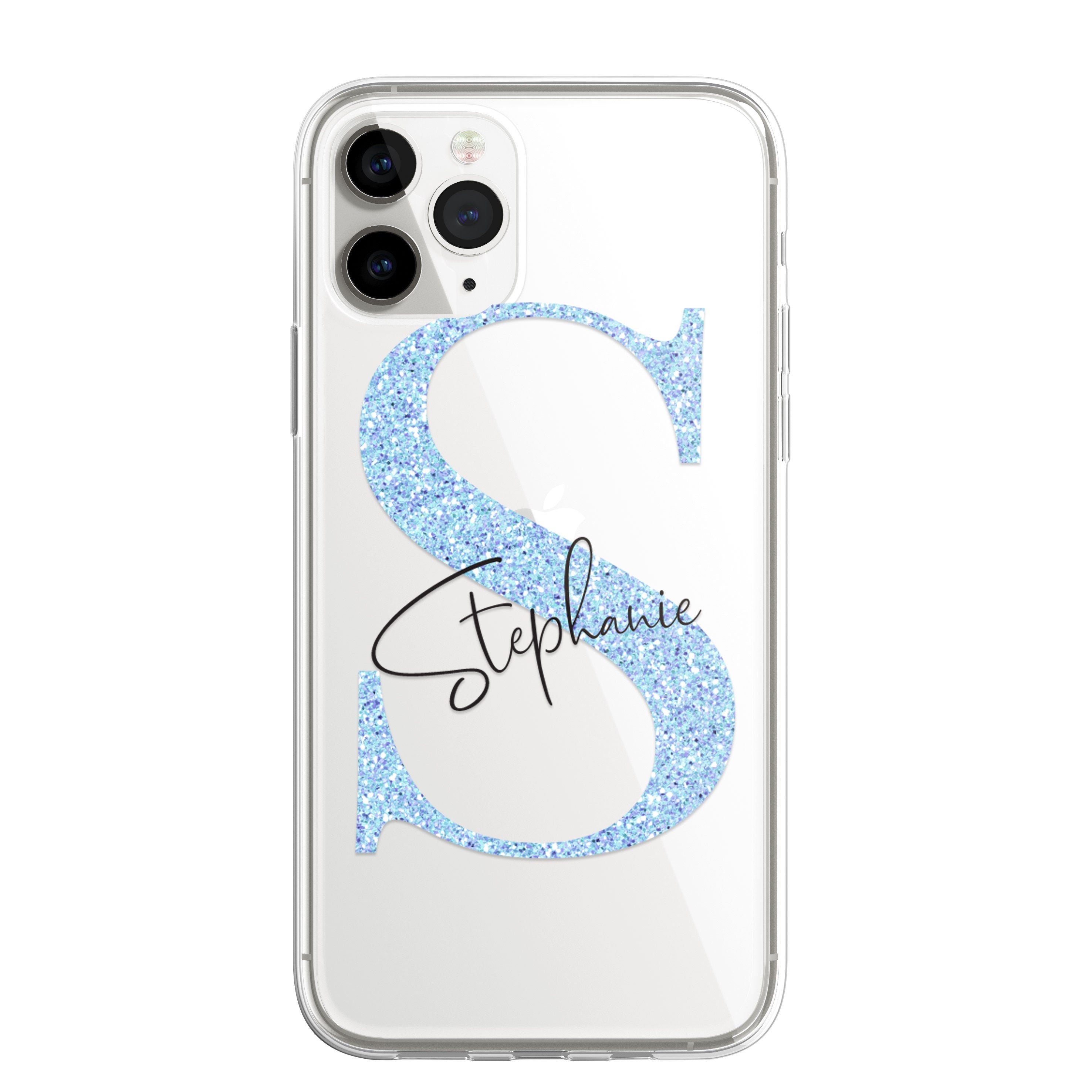 iPhone Case Personalised Glitter Style Custom Initials Name Phone Case Cover in CLEAR Silicone also for iPhone 12 Samsung Galaxy