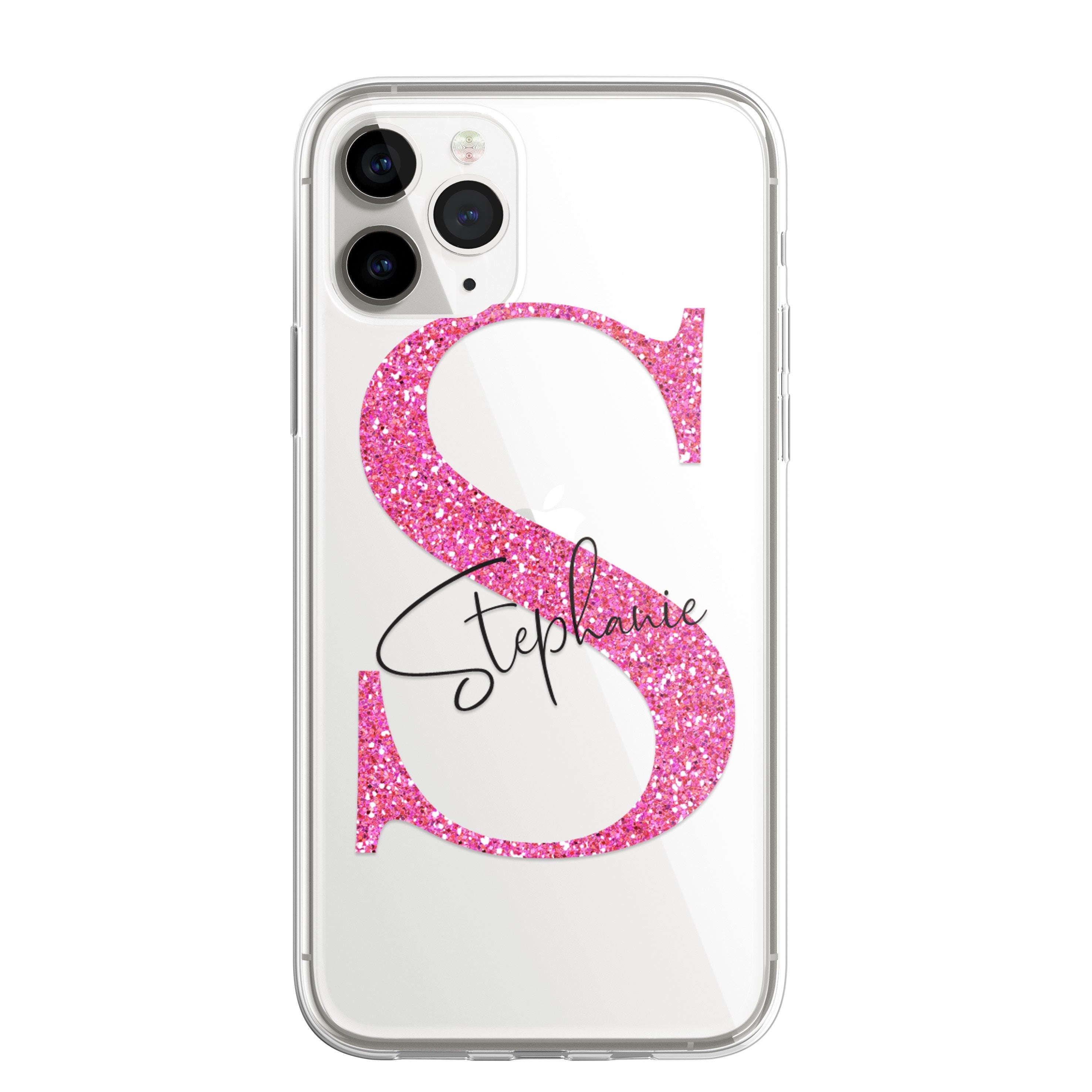 iPhone Case Personalised Glitter Style Custom Initials Name Phone Case Cover in CLEAR Silicone also for iPhone 12 Samsung Galaxy