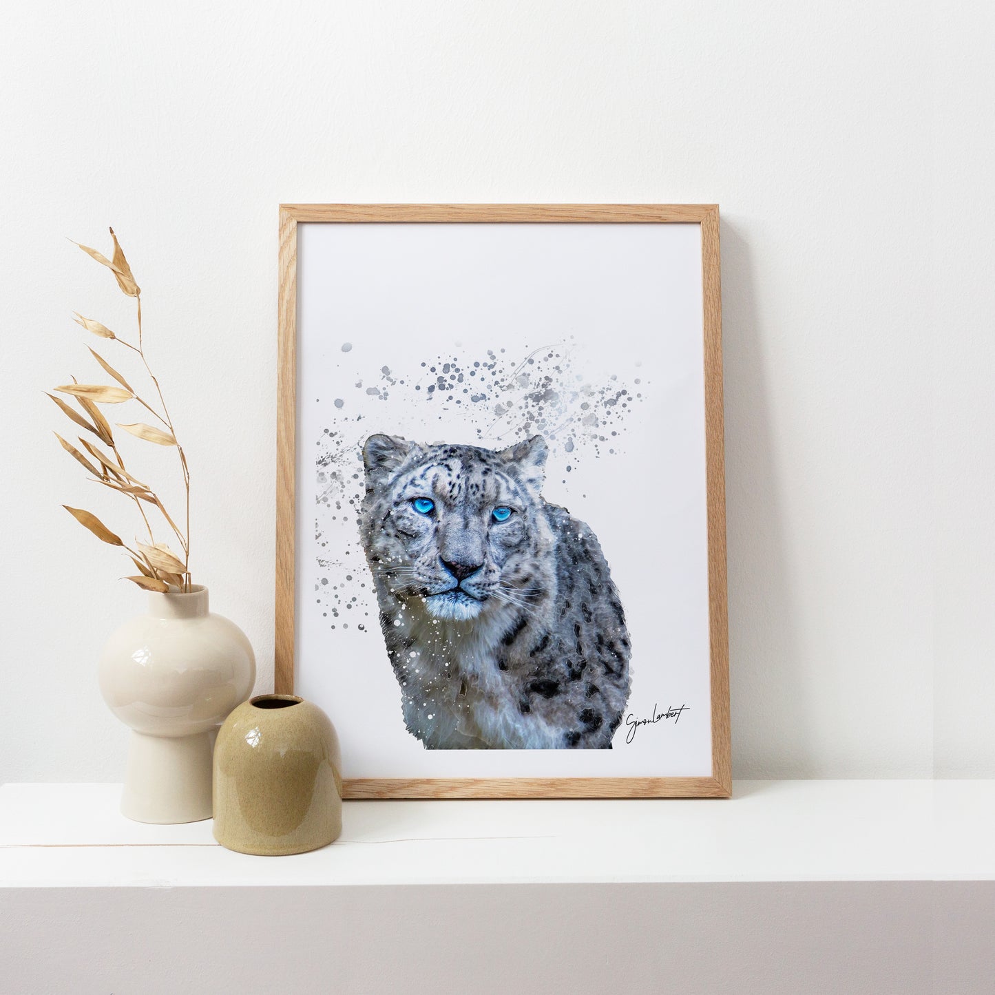 Snow Leopard Portrait Splatter Style Artwork Fine Art Print (Unframed)